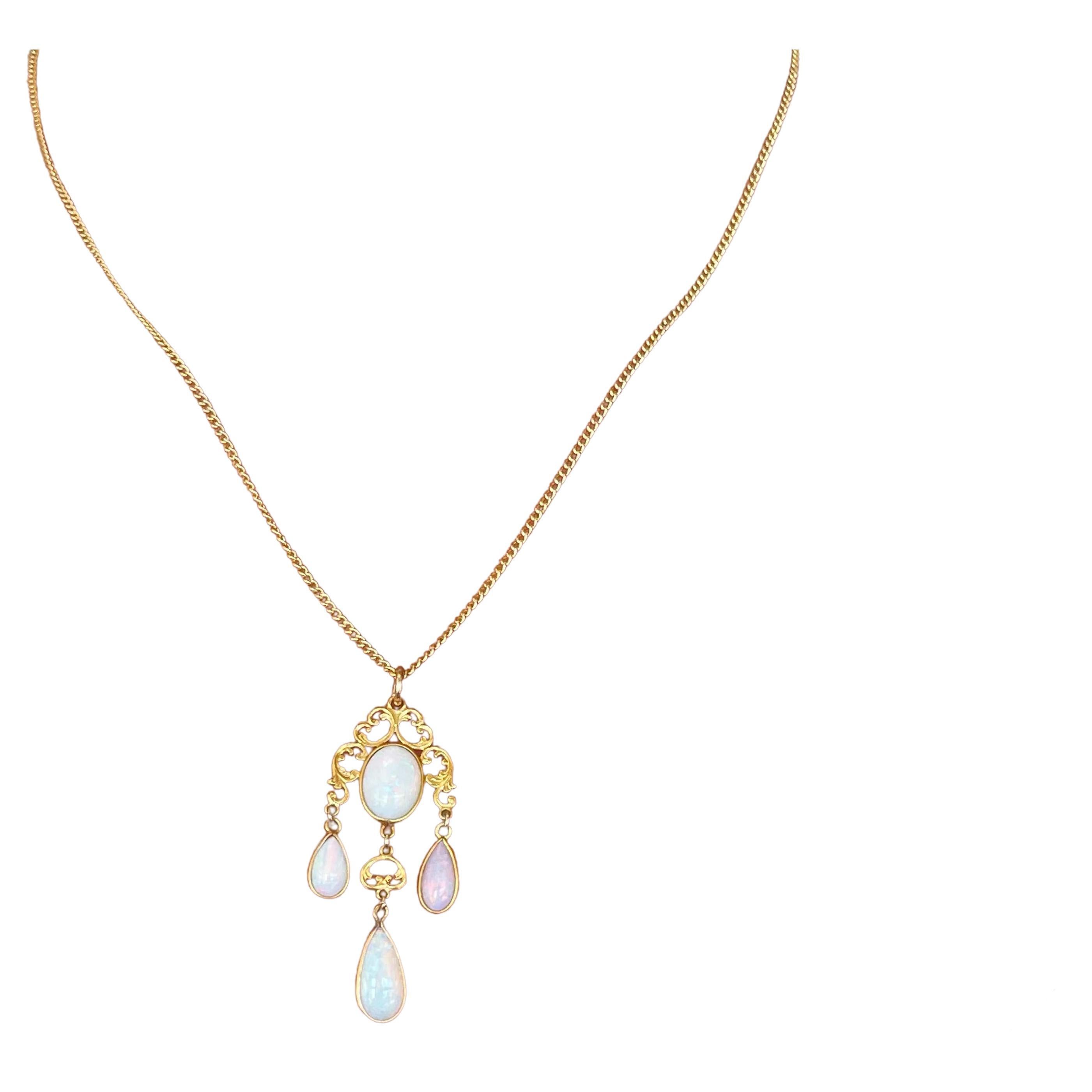 Vintage 4 Opal Drop Pendant Necklace 14k Yellow Gold For Sale 2