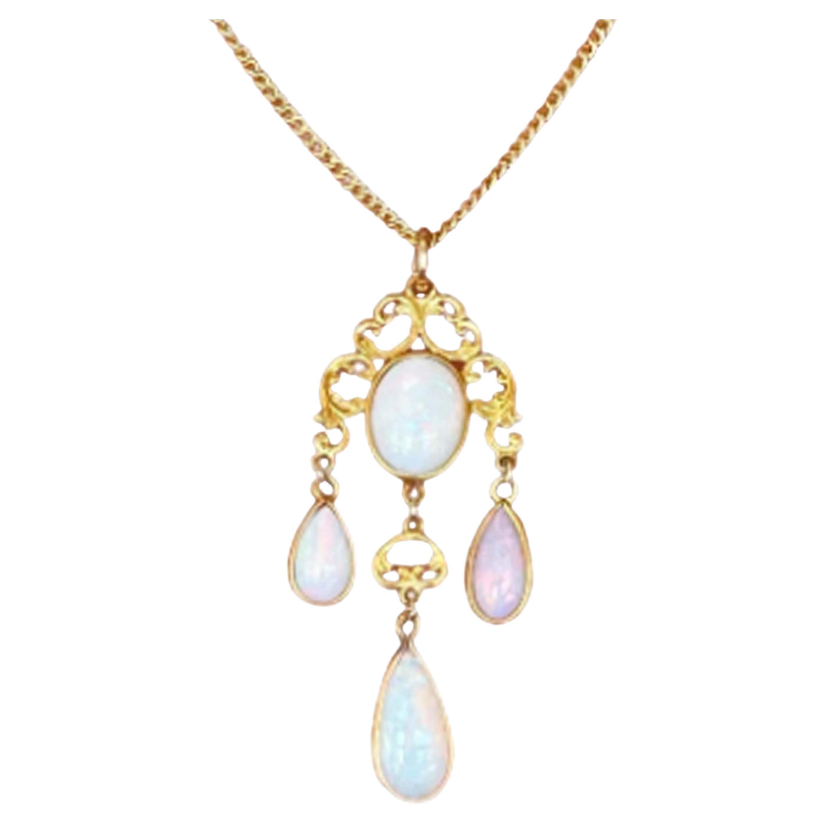Vintage 4 Opal Drop Pendant Necklace 14k Yellow Gold For Sale