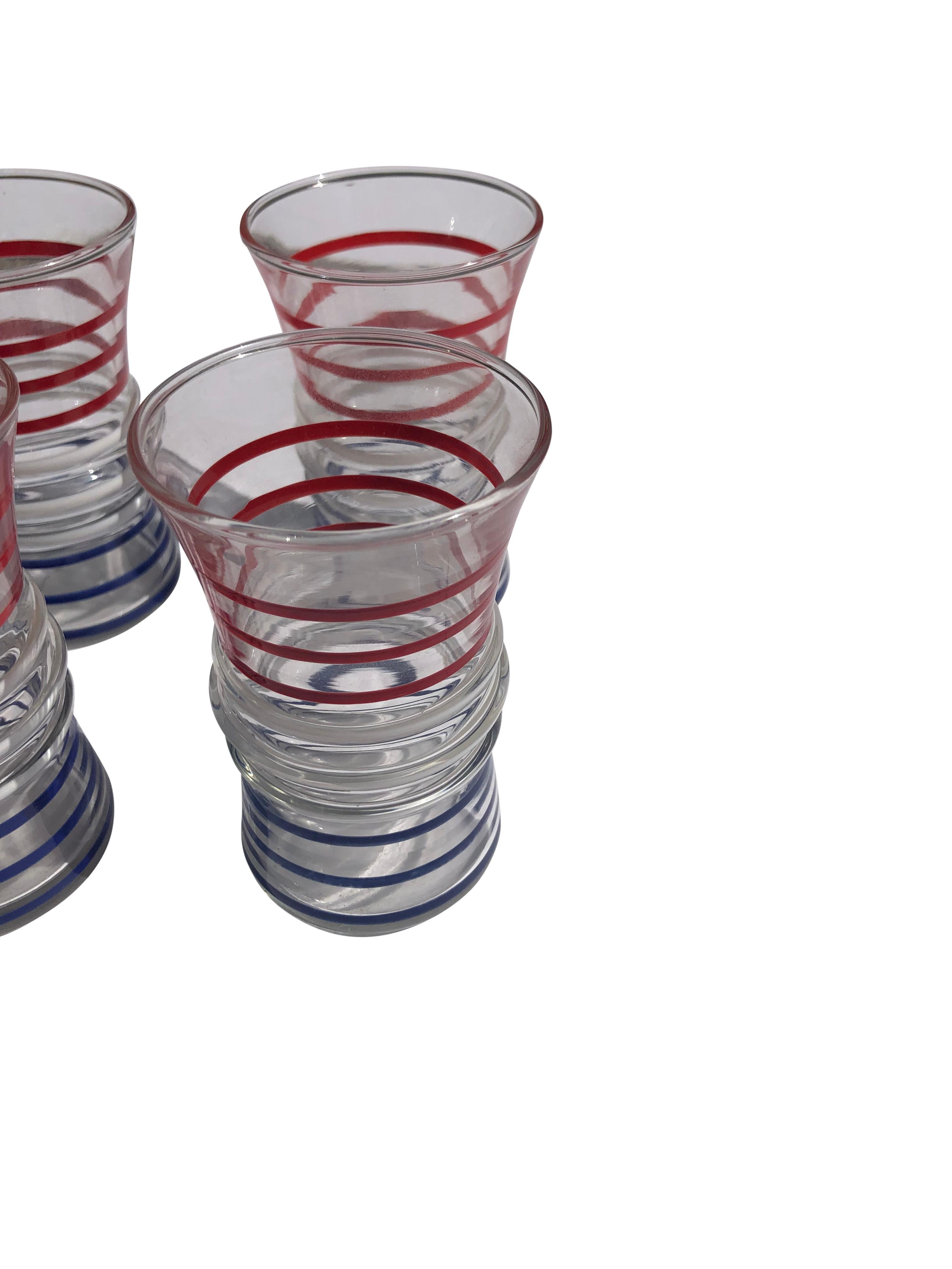 Mid-Century Modern Vintage 4 oz Tumblers with Red, White, and Blue Bands - Set of 6 For Sale