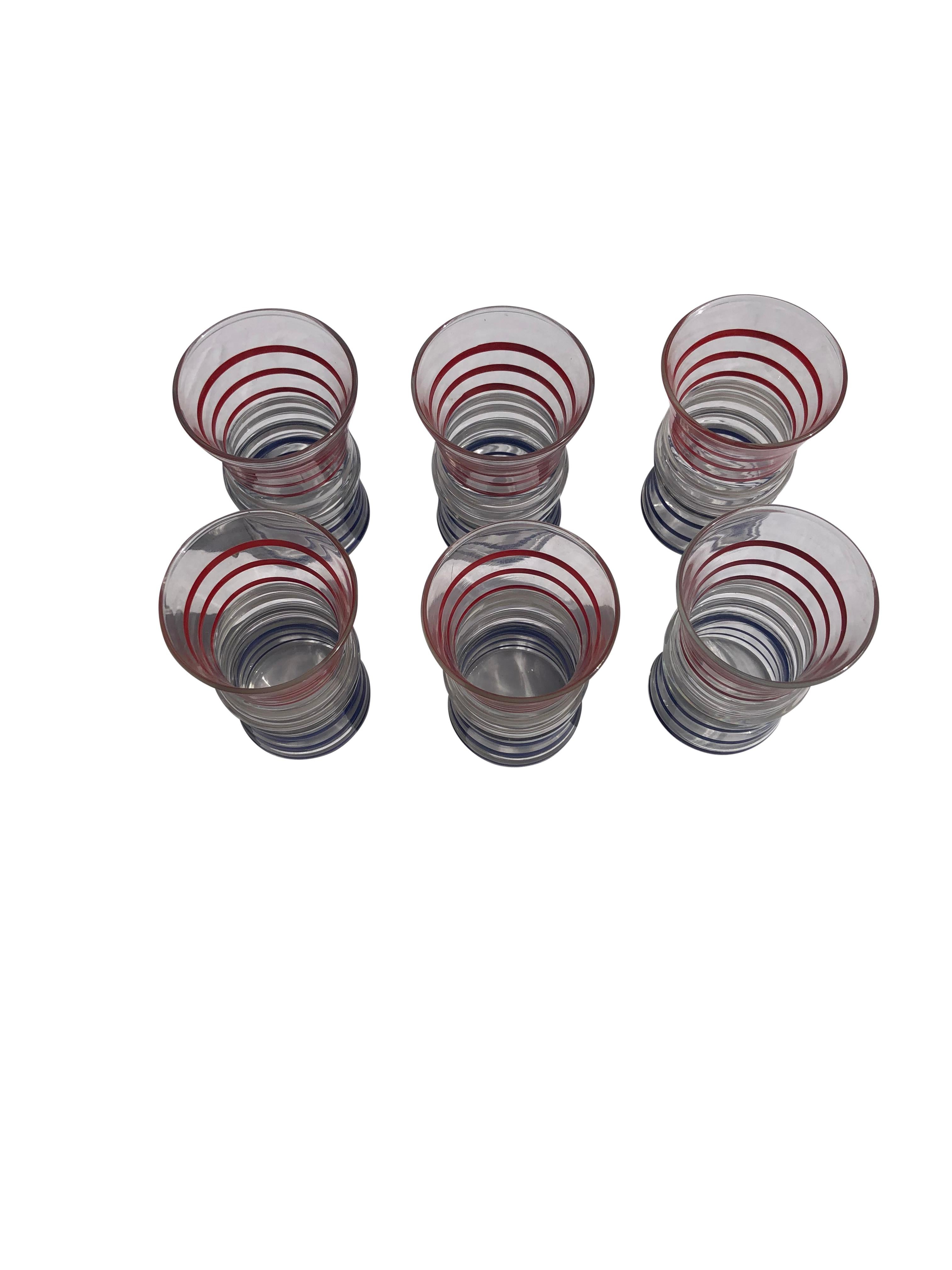 Fin du 20e siècle Vieux gobelets à 4 oz avec bandes rouges, blanches et bleues - Lot de 6 en vente