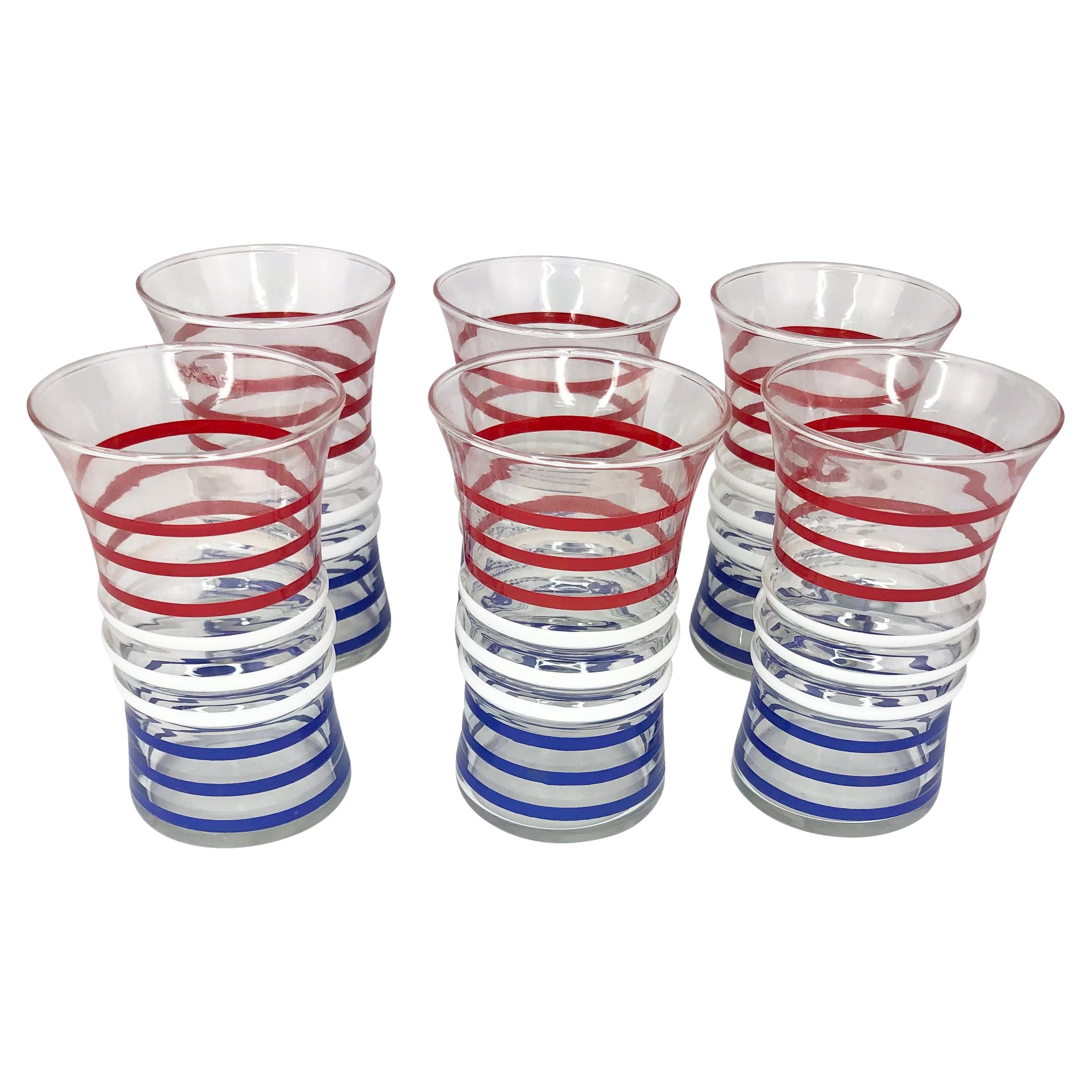 Vintage 4 oz Tumblers with Red, White, and Blue Bands - Set of 6 For Sale