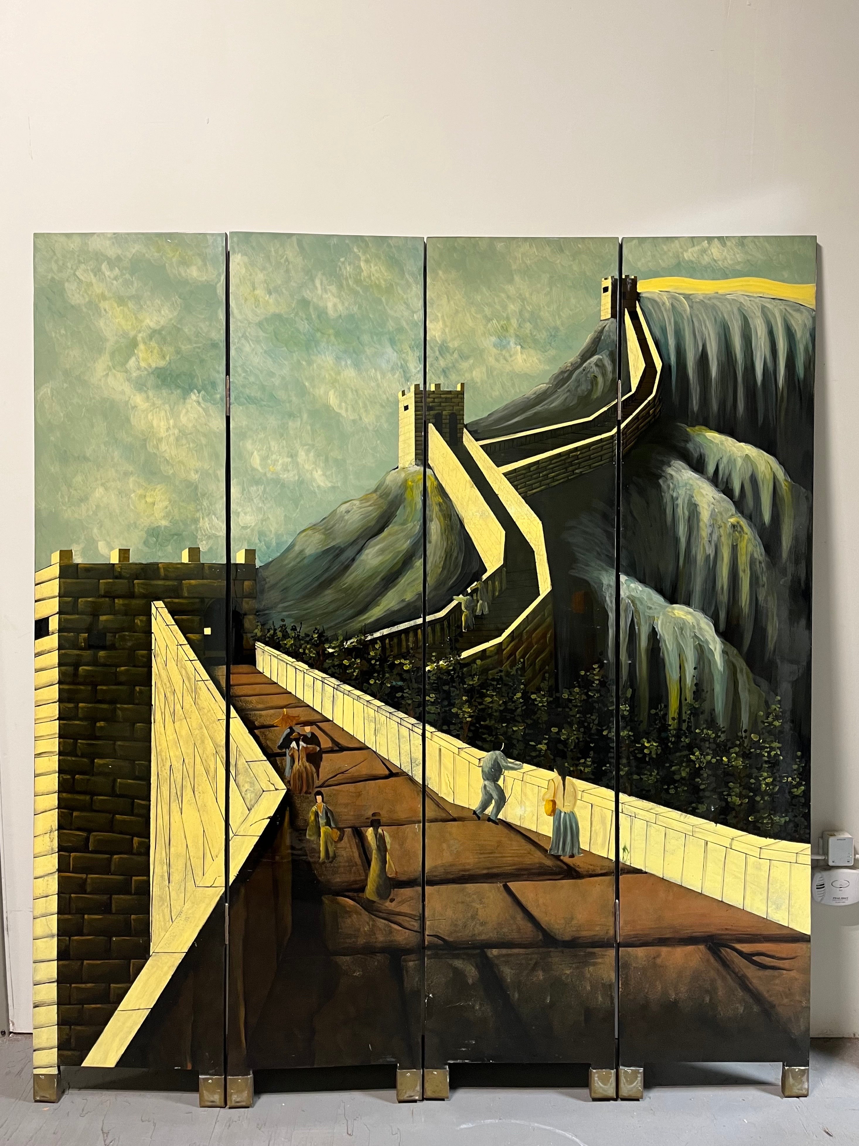 Beautiful 4 panel Asian themed lacquer room divider screen. Wonderful graphics with vibrant colors and brass capped feet. Chinoiserie styling with depiction of the Great Wall Of China.
Curbside to NYC/Philly $450