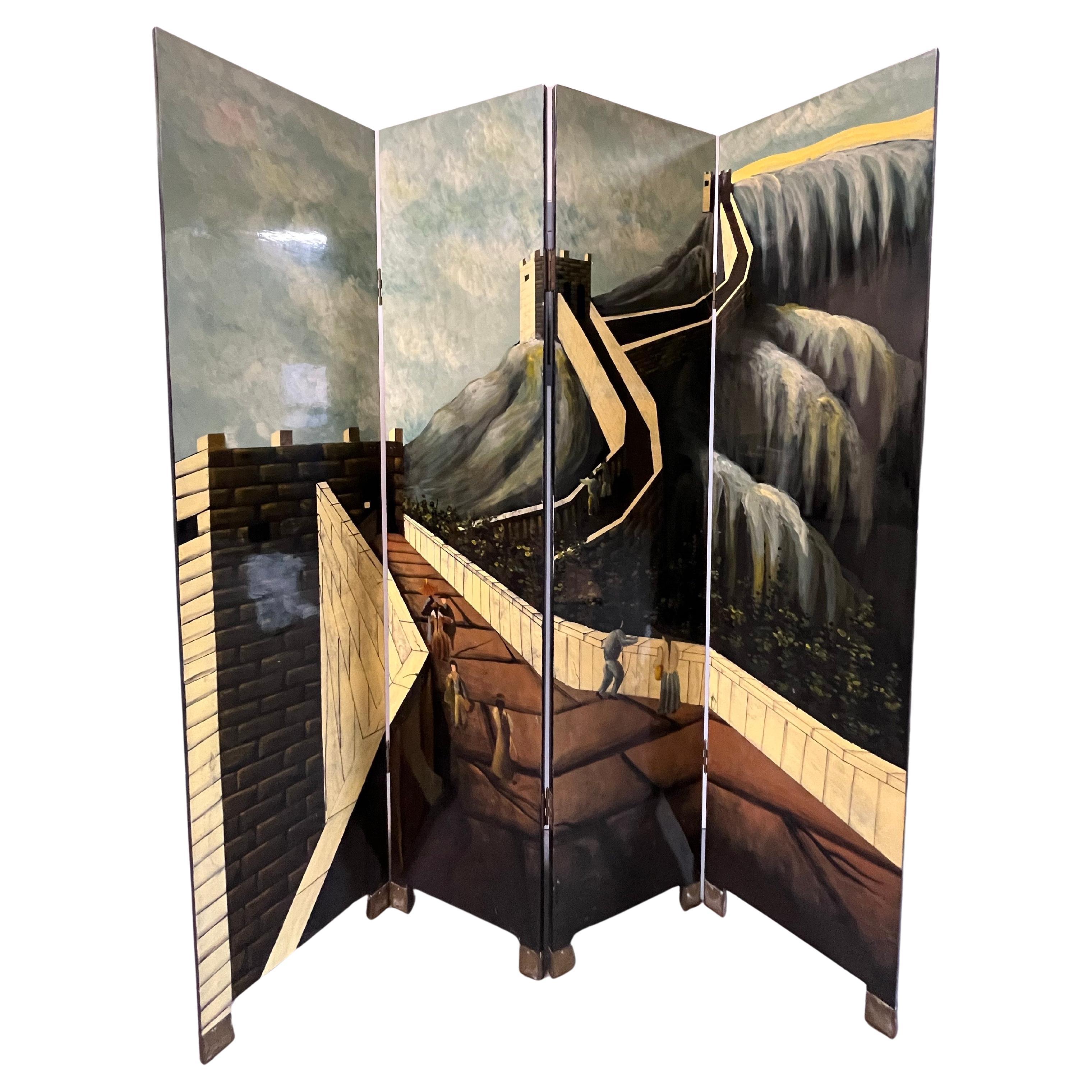 Vintage 4 Panel Chinoiserie Room Divider Screen