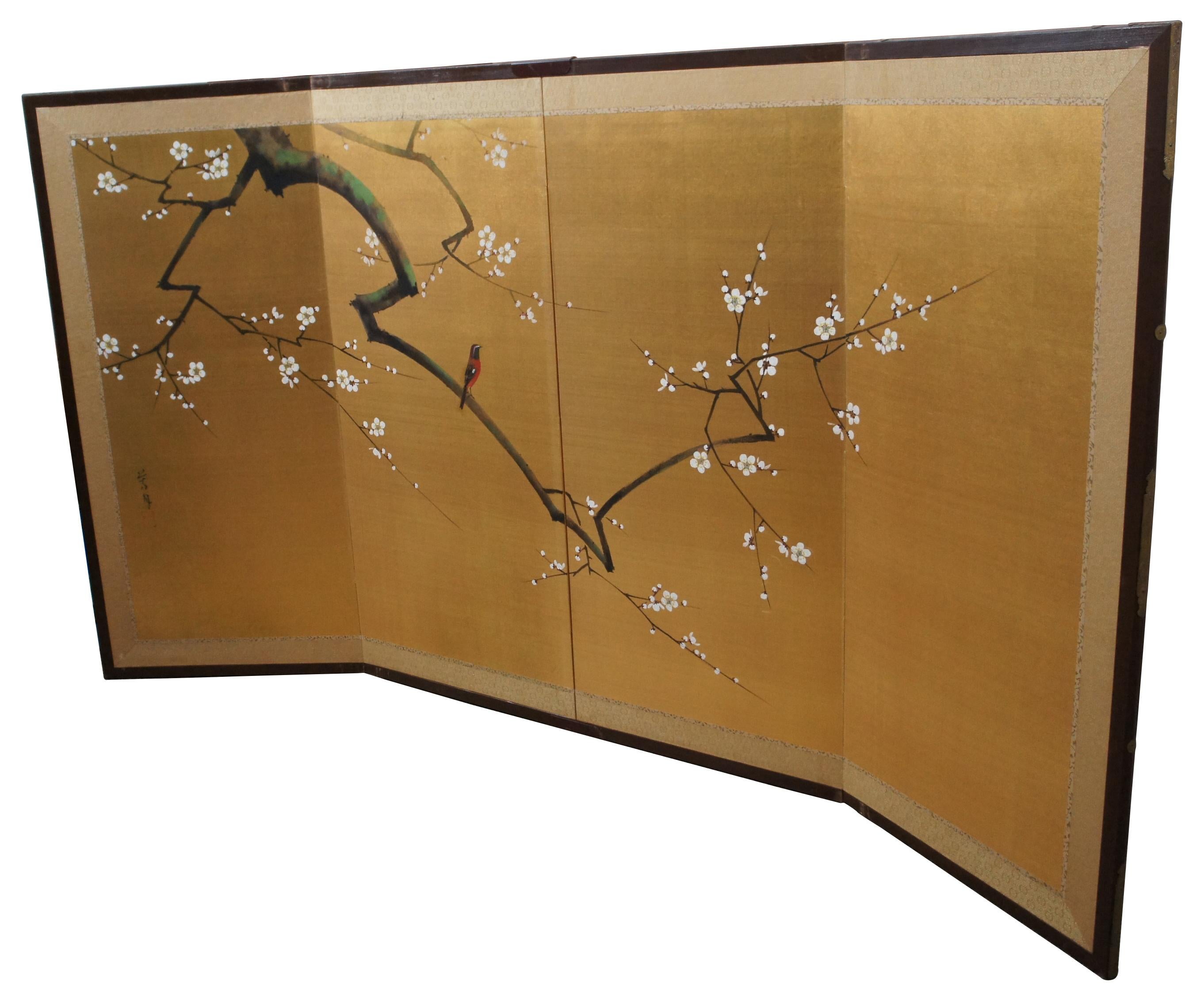 Vintage hand painted Japanese byobu room screen featuring a bird perched on a flowering tree branch on a gold background. Measure: 66