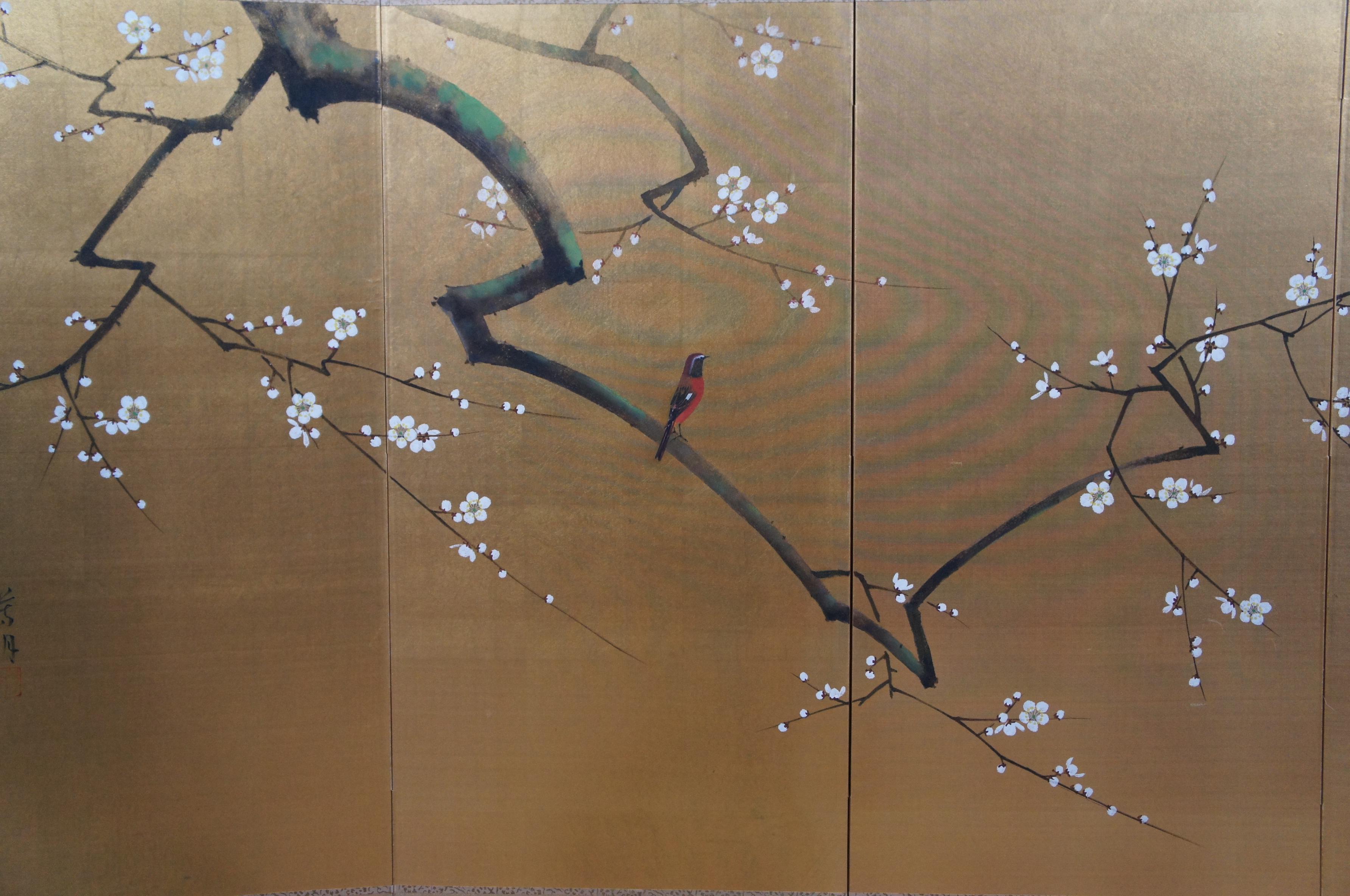 20th Century Vintage 4 Panel Gold Japanese Silk Byobu Folding Room Screen Wall Art Bird