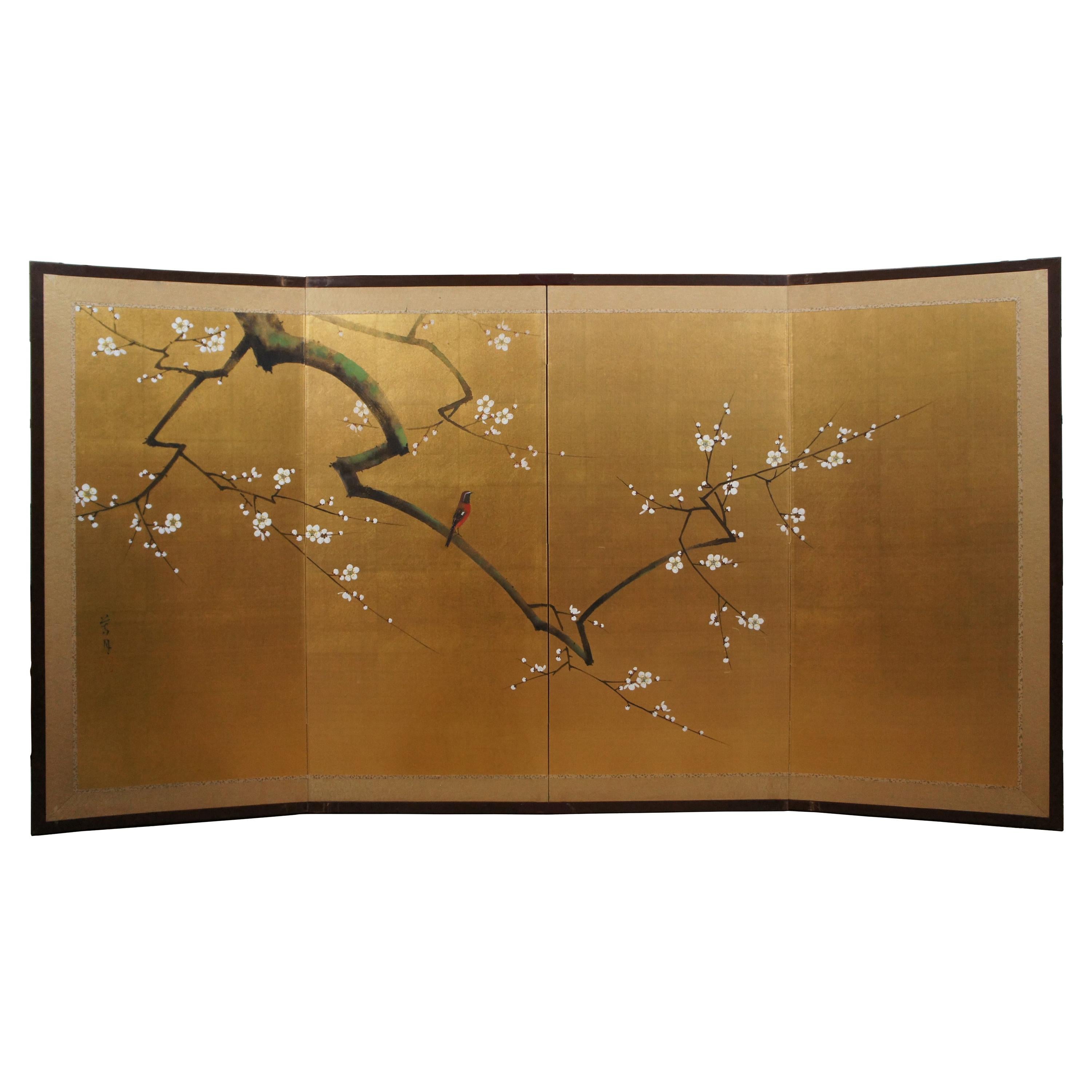 Vintage 4 Panel Gold Japanese Silk Byobu Folding Room Screen Wall Art Bird