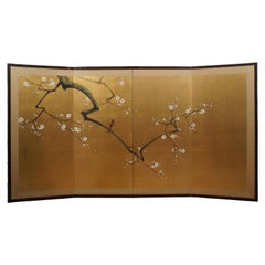 Vintage 4 Panel Gold Japanese Silk Byobu Folding Room Screen Wall Art Bird