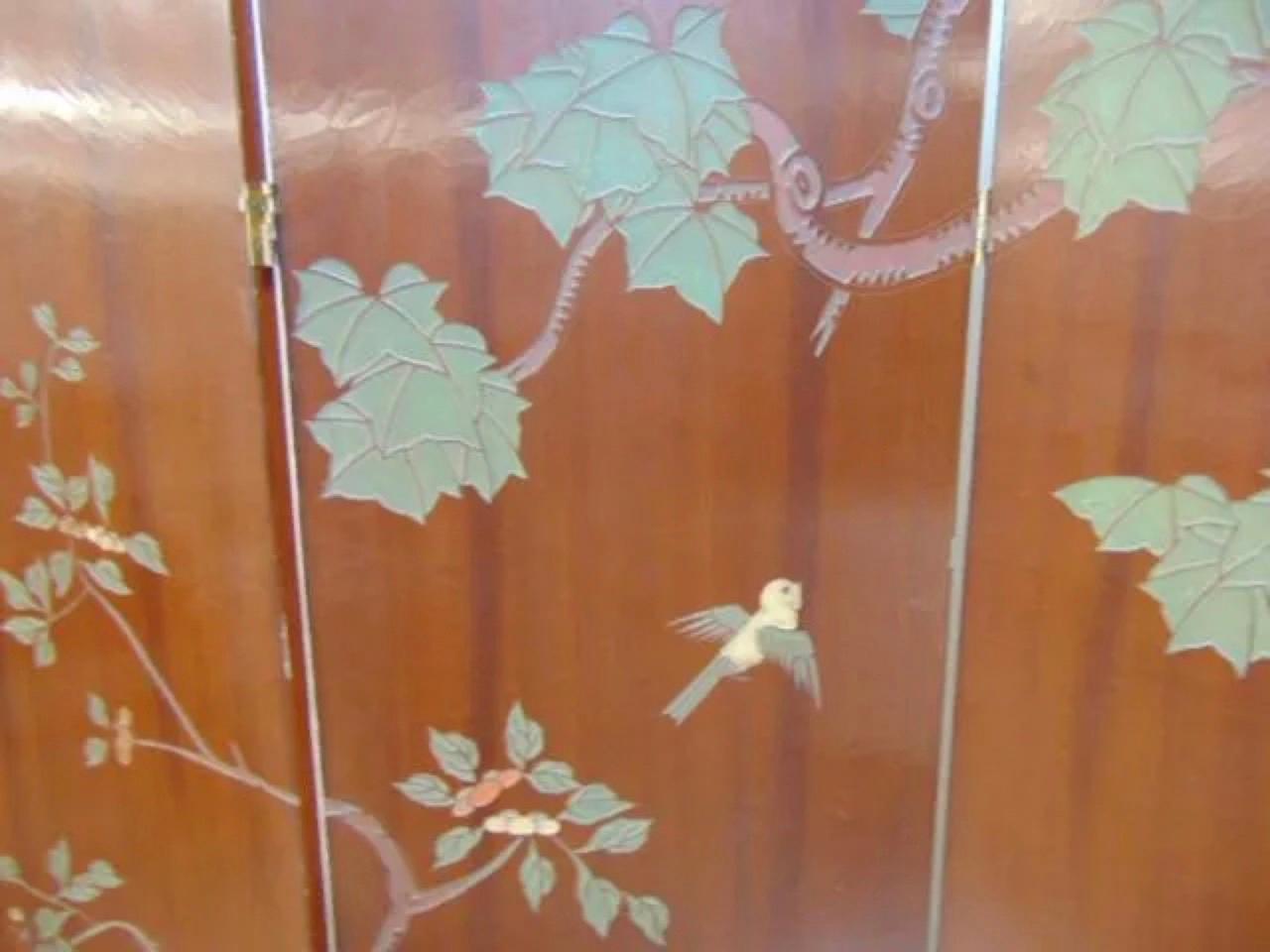 Vintage 4 Panel Japanese Screen, Decorated on Both Sides In Fair Condition In Sheffield, MA
