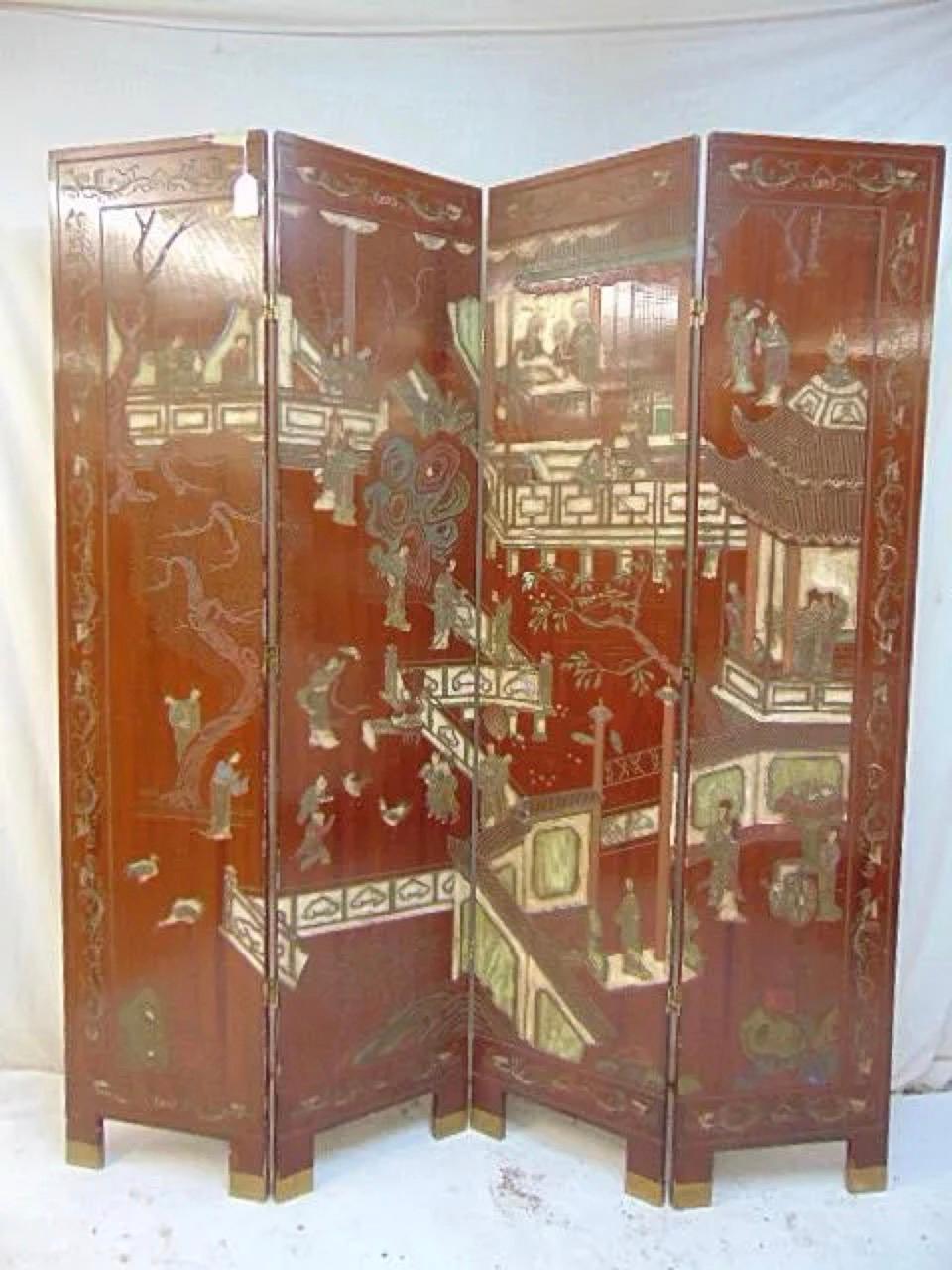 Wood Vintage 4 Panel Japanese Screen, Decorated on Both Sides