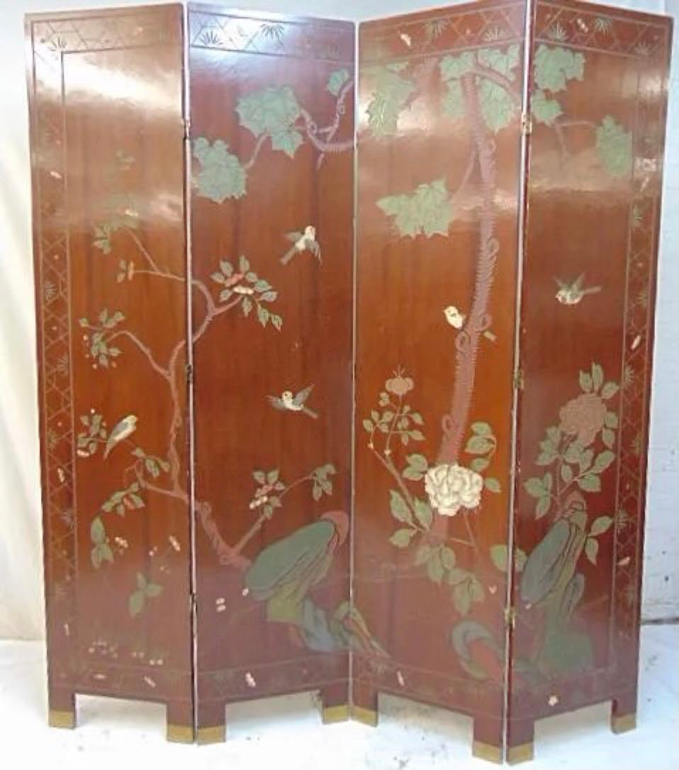 Vintage 4 Panel Japanese Screen, Decorated on Both Sides 1