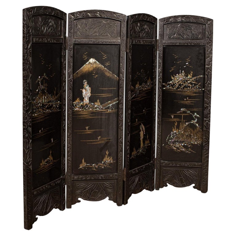 Vintage 4 Panel Japanned Screen, Japanese, Room Divider, Fire Guard