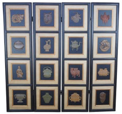 Vintage 4 Panel Room Divider Folding Screen Chinoiserie Earthenware Animals