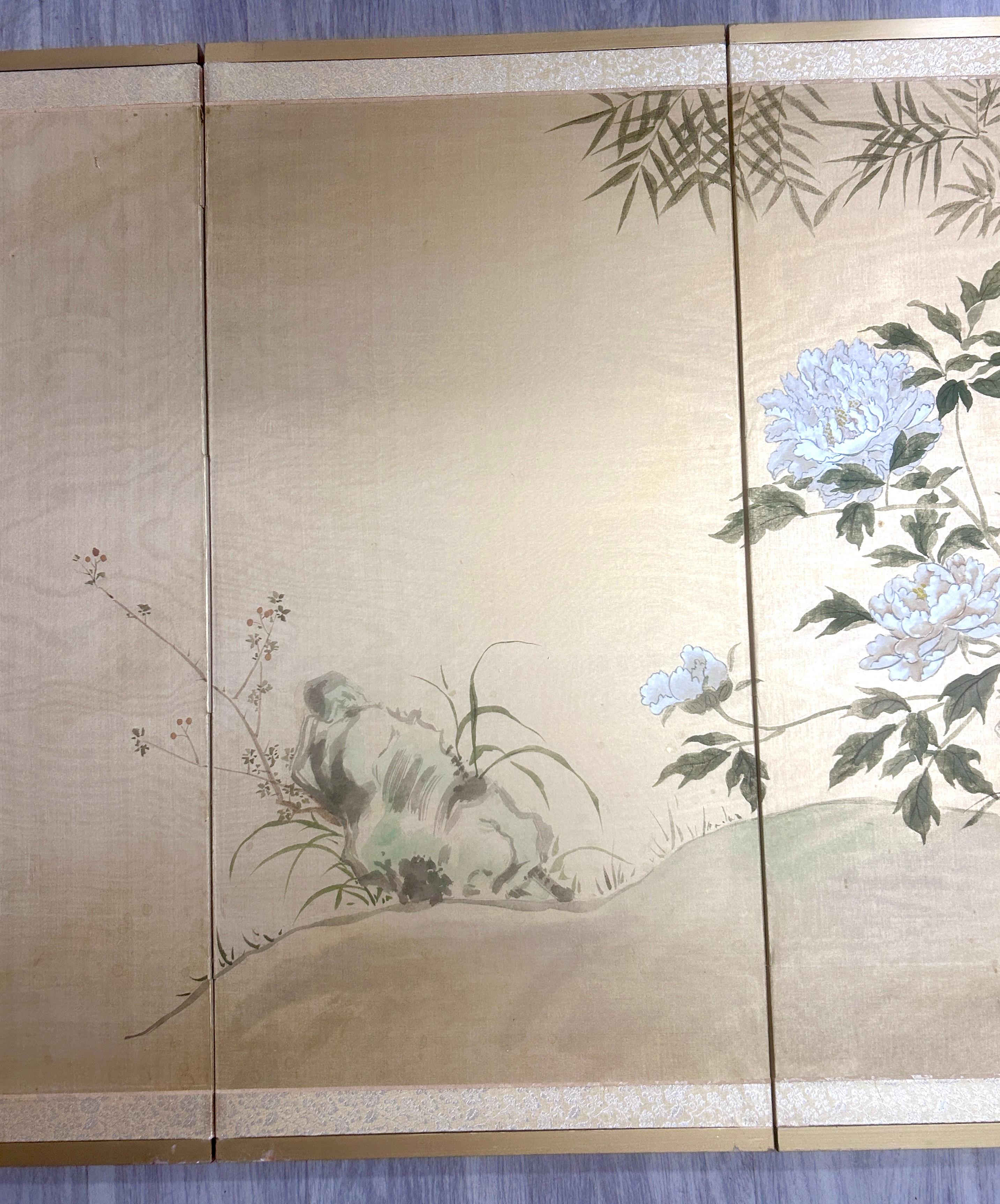Vintage 4-Panel Silk Japanese Byobu Folding Screen with White Peonies For Sale 2