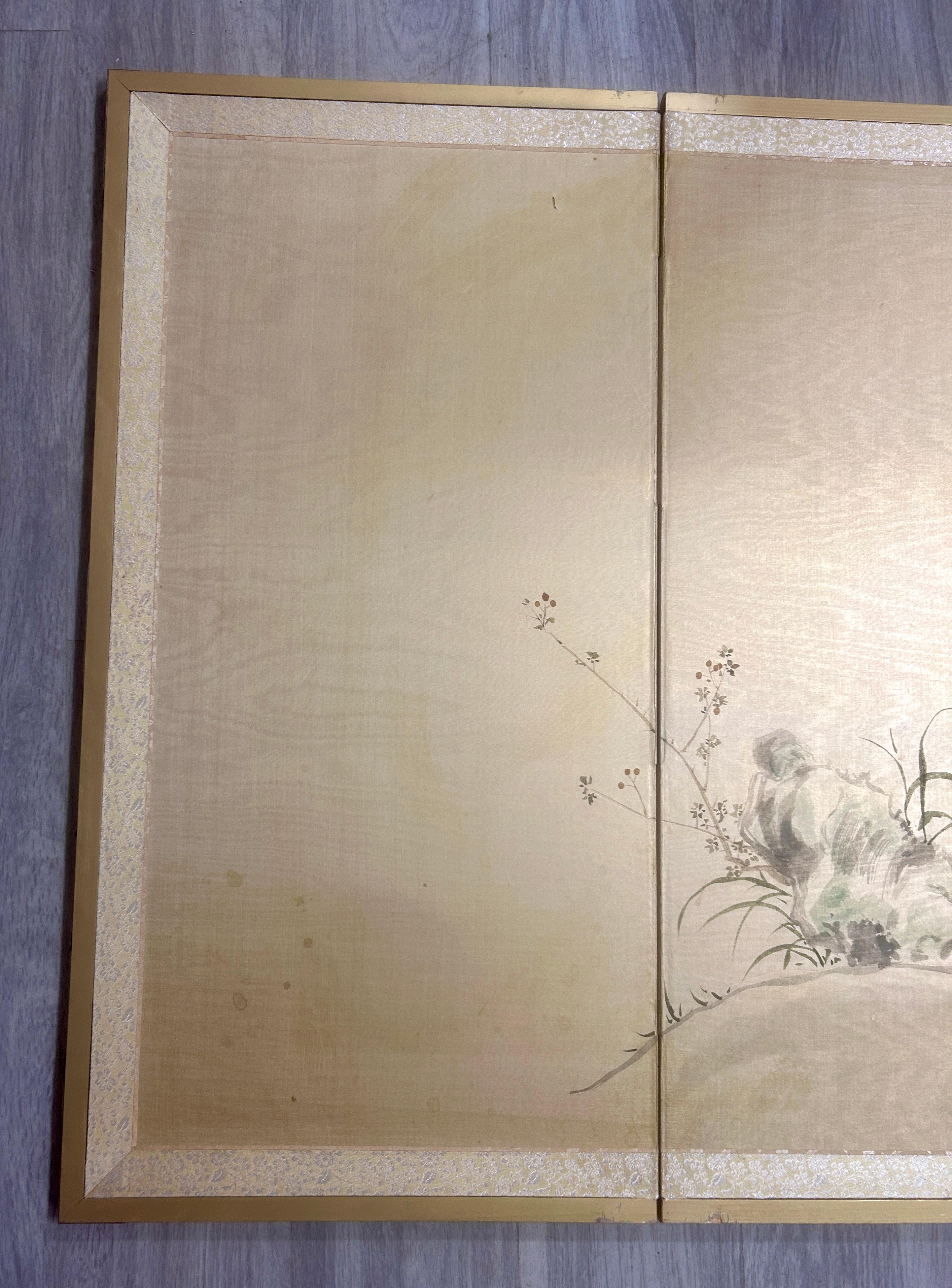 Vintage 4-Panel Silk Japanese Byobu Folding Screen with White Peonies For Sale 5