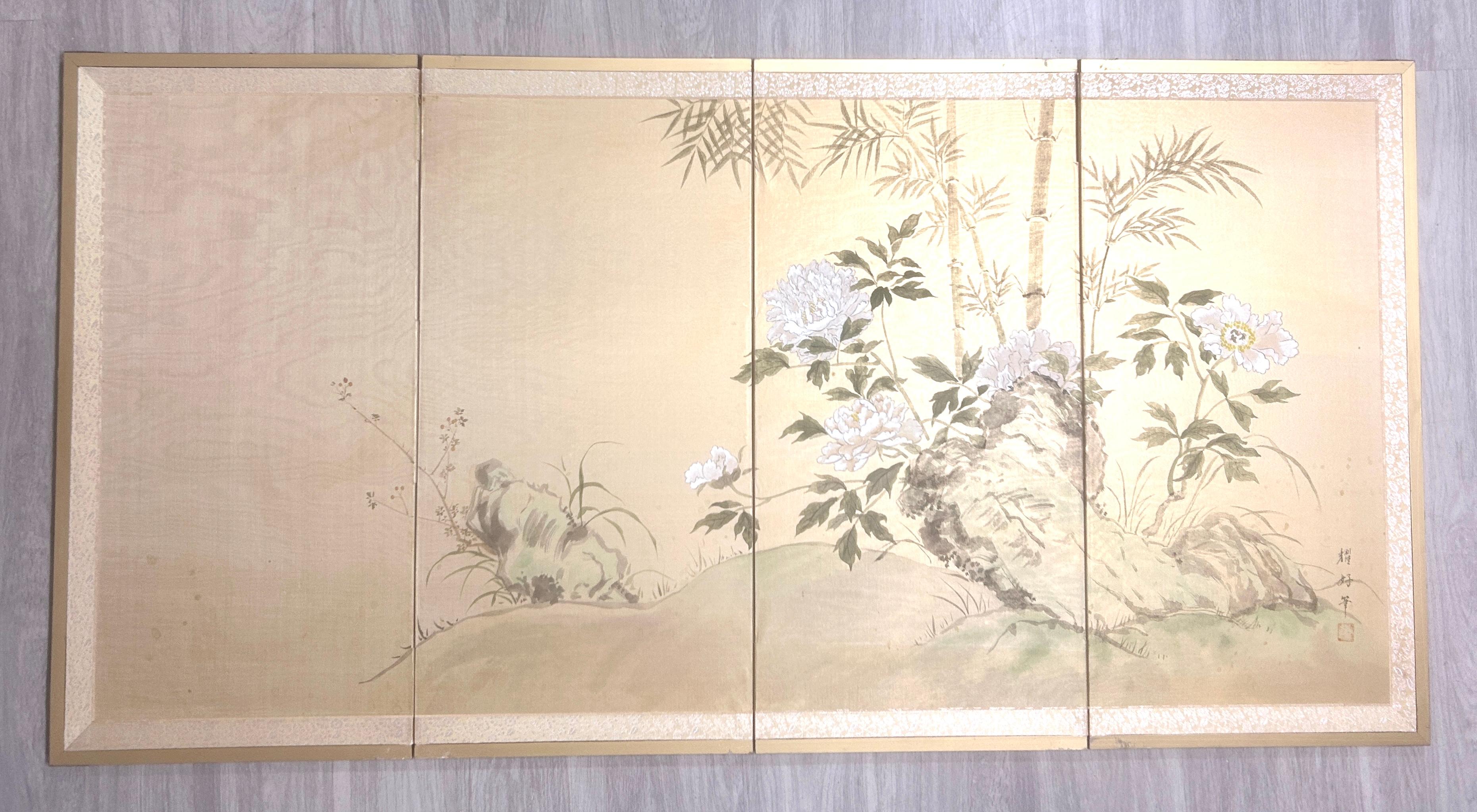 Hand-Painted Vintage 4-Panel Silk Japanese Byobu Folding Screen with White Peonies For Sale