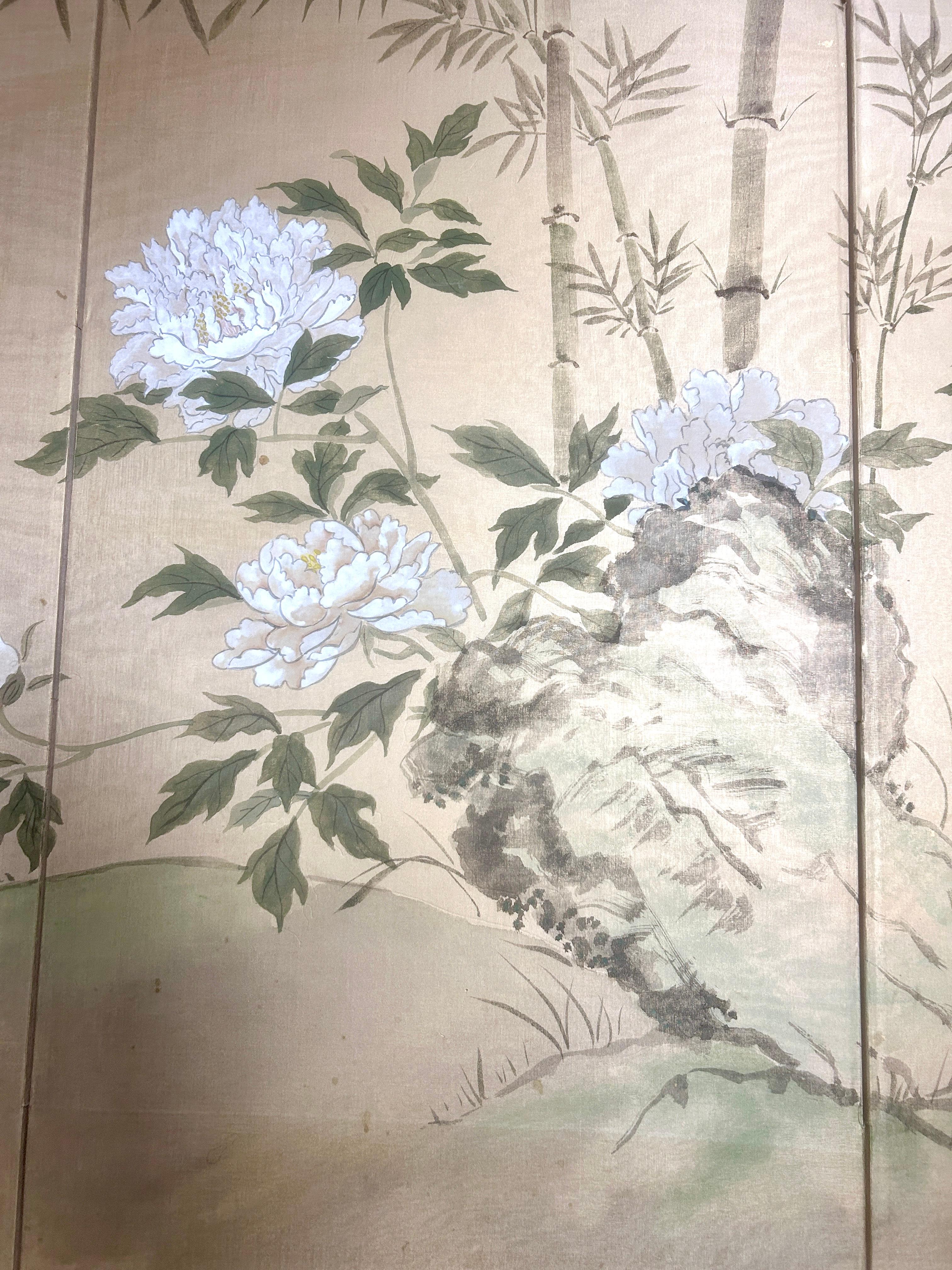 Vintage 4-Panel Silk Japanese Byobu Folding Screen with White Peonies For Sale 1