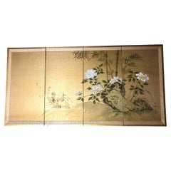 Antique 4-Panel Silk Japanese Byobu Folding Screen with White Peonies