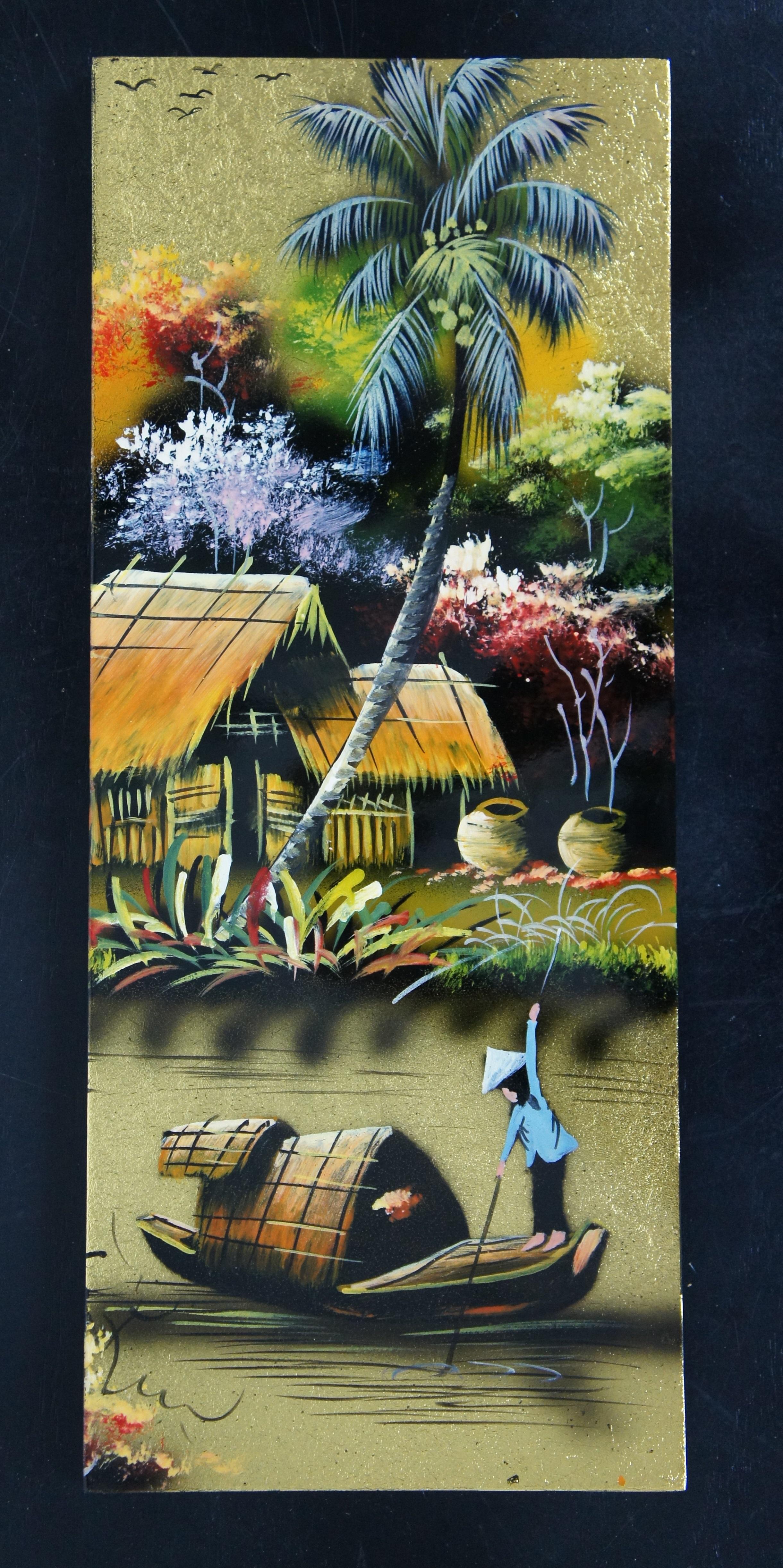 20th Century Vintage 4 Panel Vietnamese Village Lacquered Gold Leaf Landscape Painting
