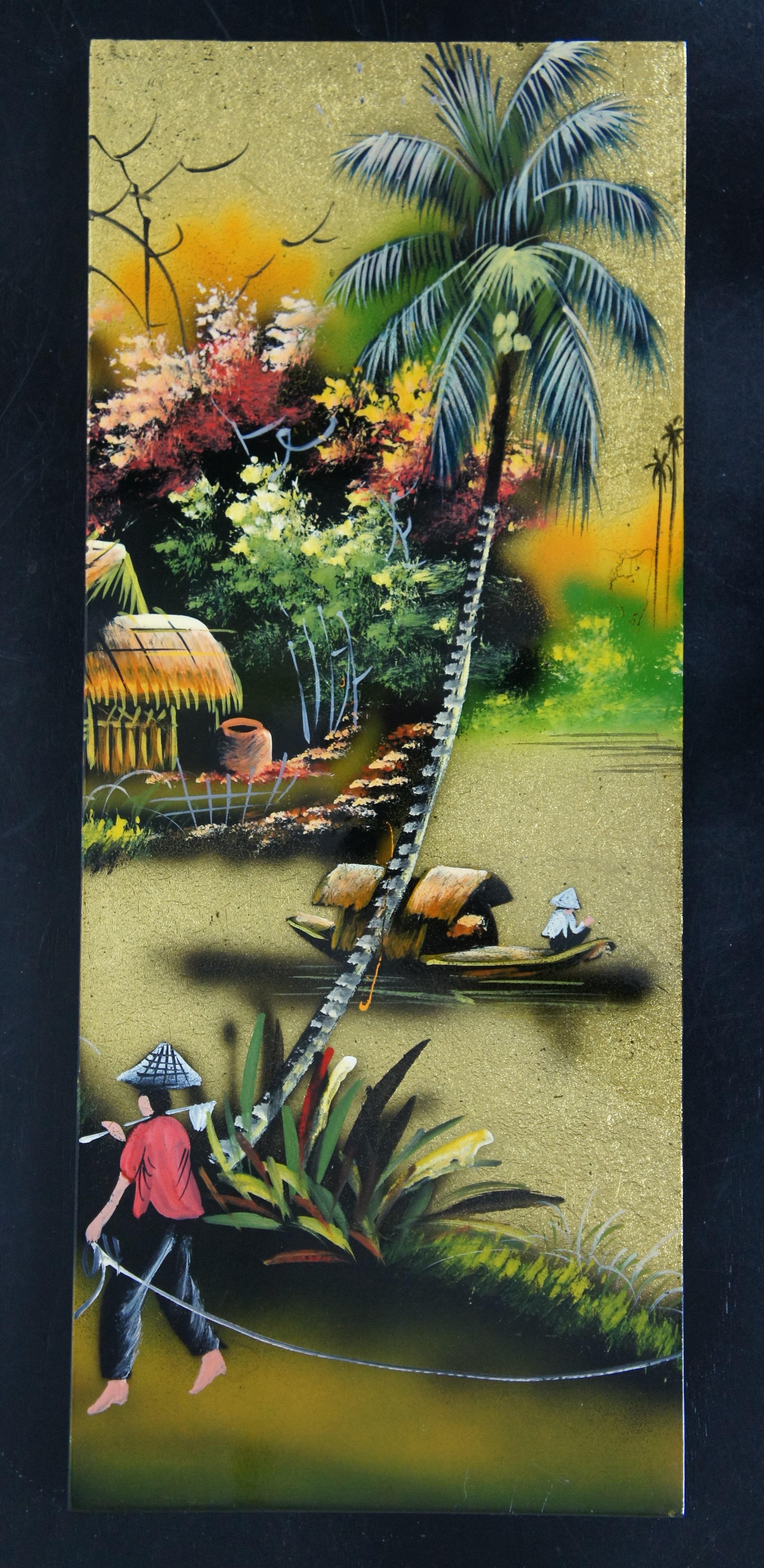 Vintage 4 Panel Vietnamese Village Lacquered Gold Leaf Landscape Painting 1