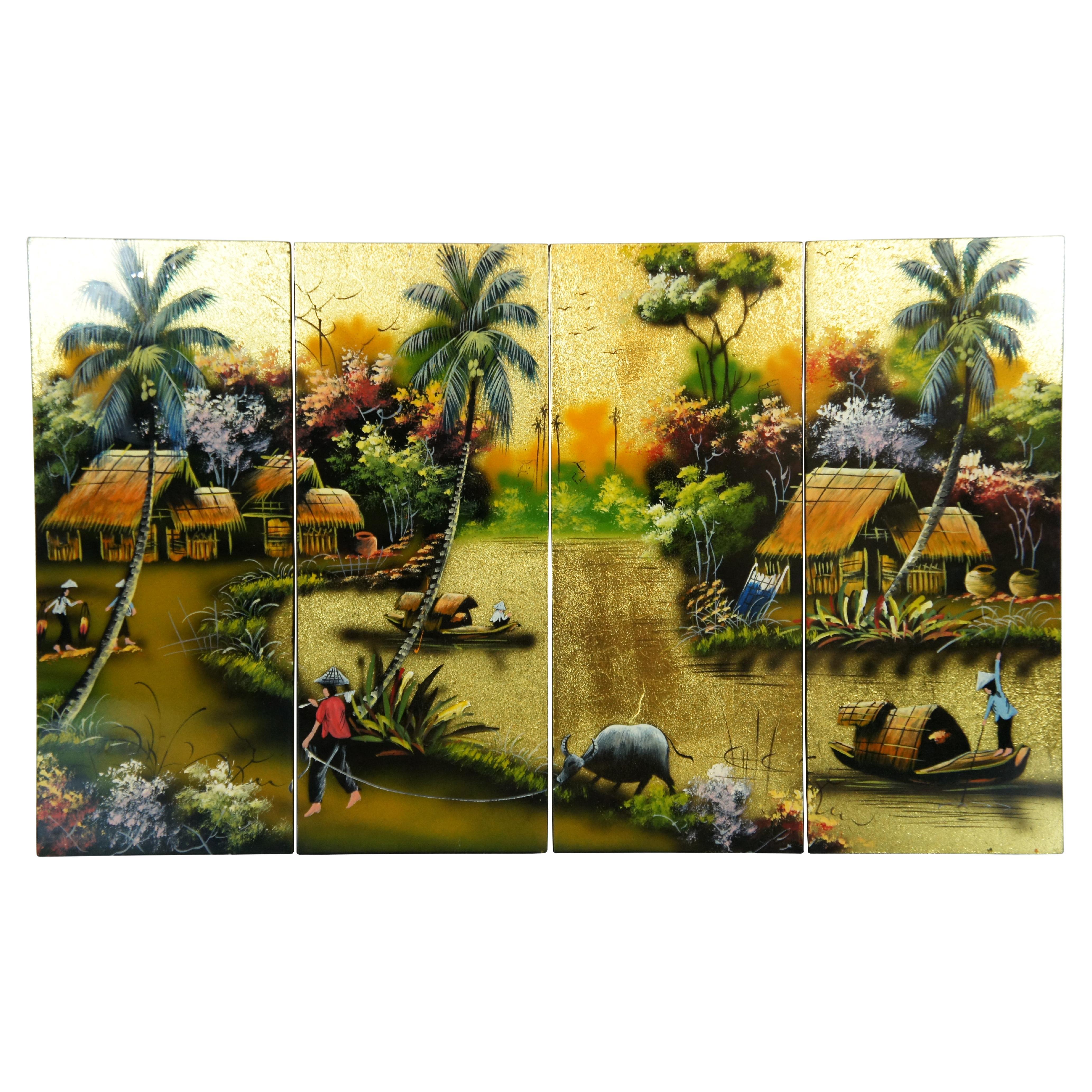 Vintage 4 Panel Vietnamese Village Lacquered Gold Leaf Landscape Painting