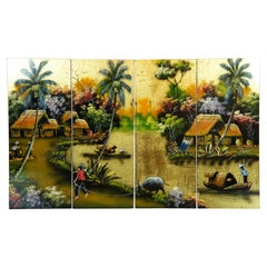 Vintage 4 Panel Vietnamese Village Lacquered Gold Leaf Landscape Painting