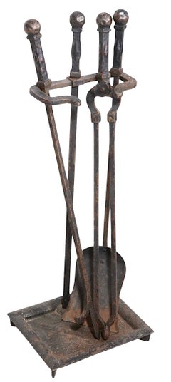Vintage 4 pc. Arts and Crafts Cast Iron Fireplace Tool Set