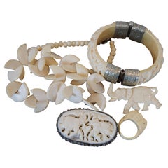 Vintage 4 Pc Carved Bone Necklace Bracelet Pin Ring Elephant Jewelry
