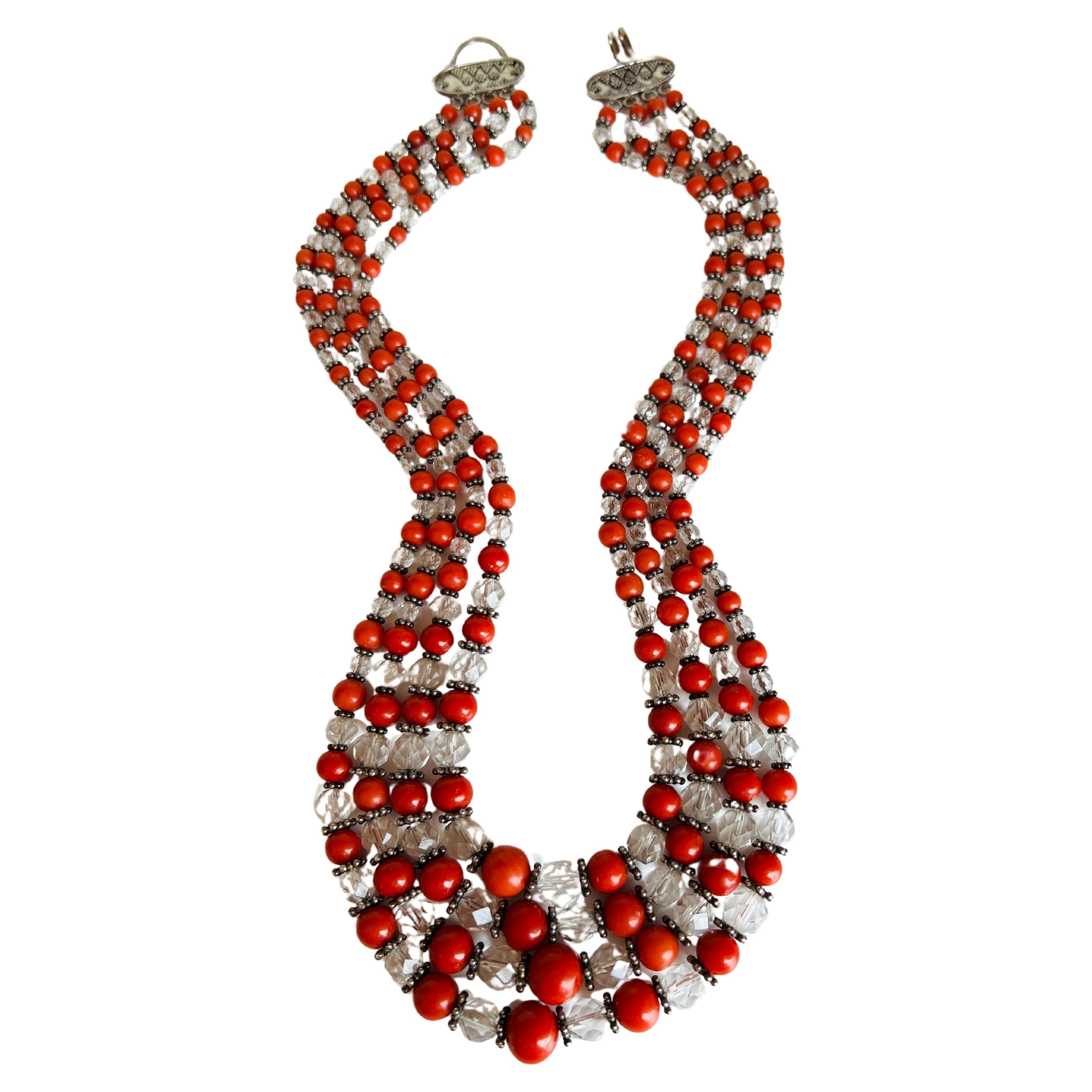 Vintage 4-Strand Beaded Orange Red Coral 925 Sterling Silver Choker Necklace  In Good Condition For Sale In Sausalito, CA