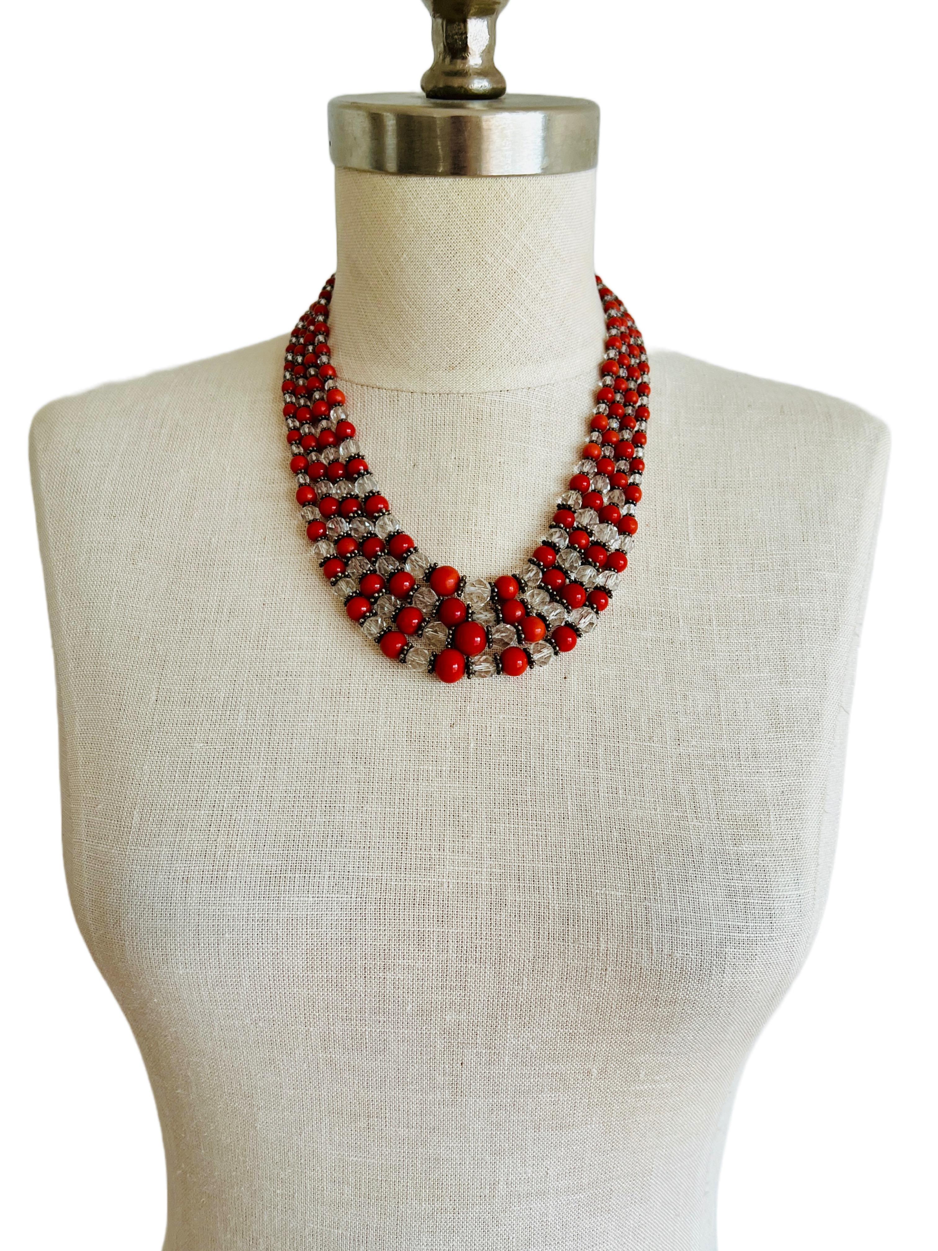 Women's Vintage 4-Strand Beaded Orange Red Coral 925 Sterling Silver Choker Necklace  For Sale