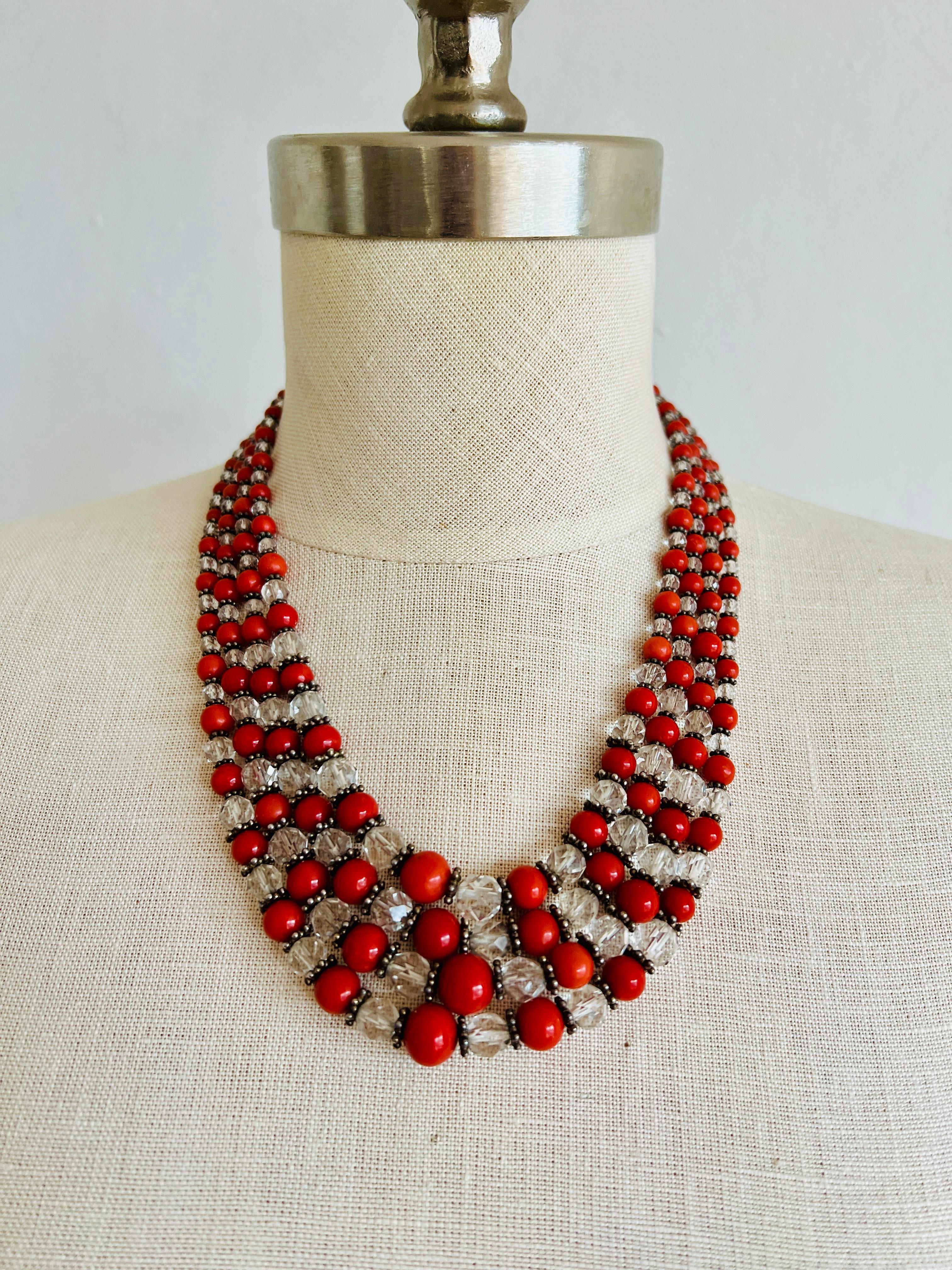 Vintage 4-Strand Beaded Orange Red Coral 925 Sterling Silver Choker Necklace  For Sale 3