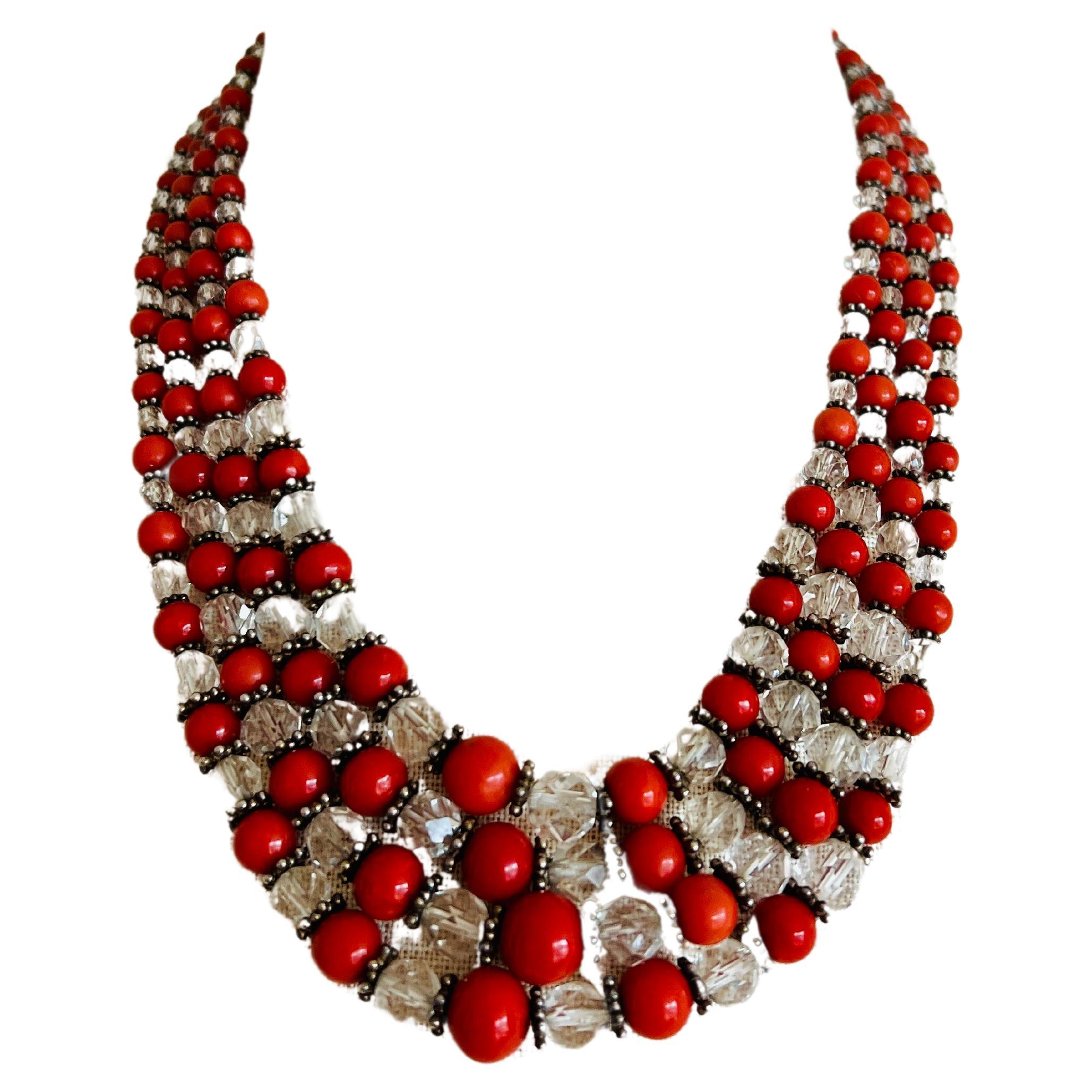 Vintage 4-Strand Beaded Orange Red Coral 925 Sterling Silver Choker Necklace  For Sale