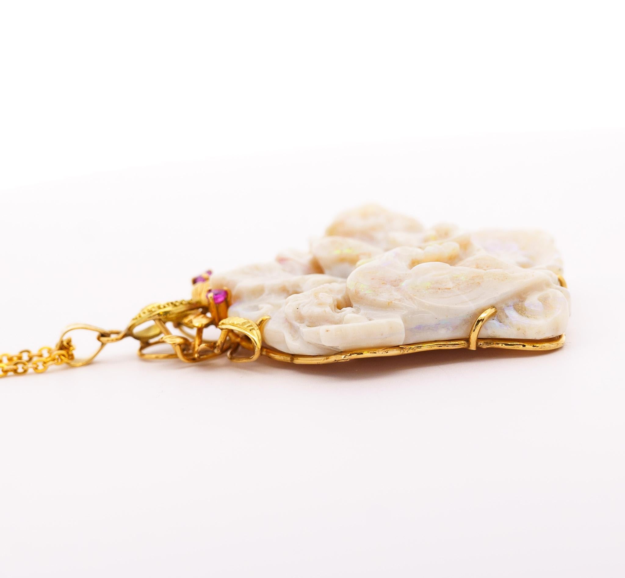 Vintage 40 Carat Natural Carved Opal in 14K Gold Floral Pendant Necklace 30