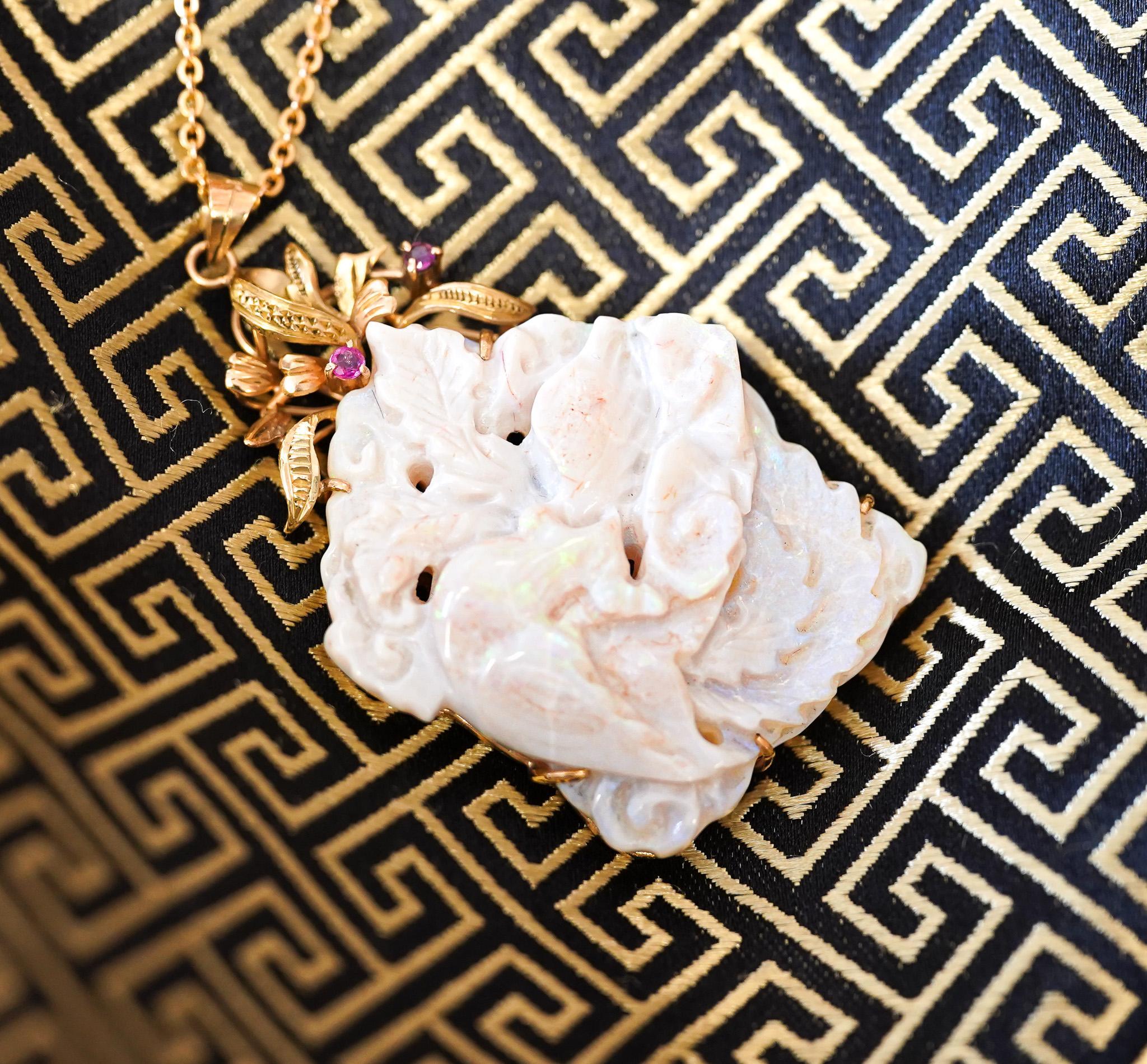 Vintage 40 Carat Natural Carved Opal in 14K Gold Floral Pendant Necklace 30