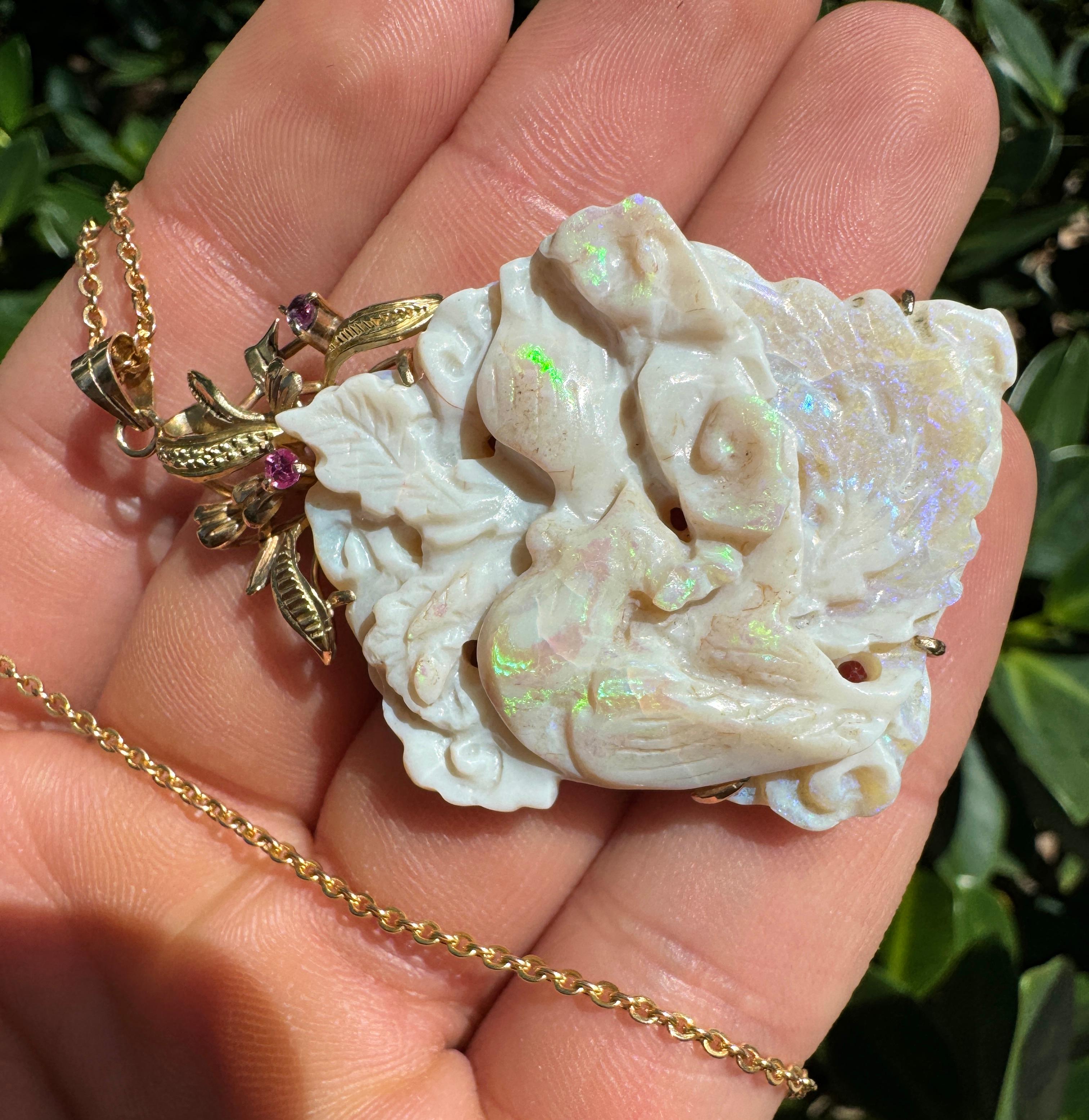 Vintage 40 Carat Natural Carved Opal in 14K Gold Floral Pendant Necklace 30