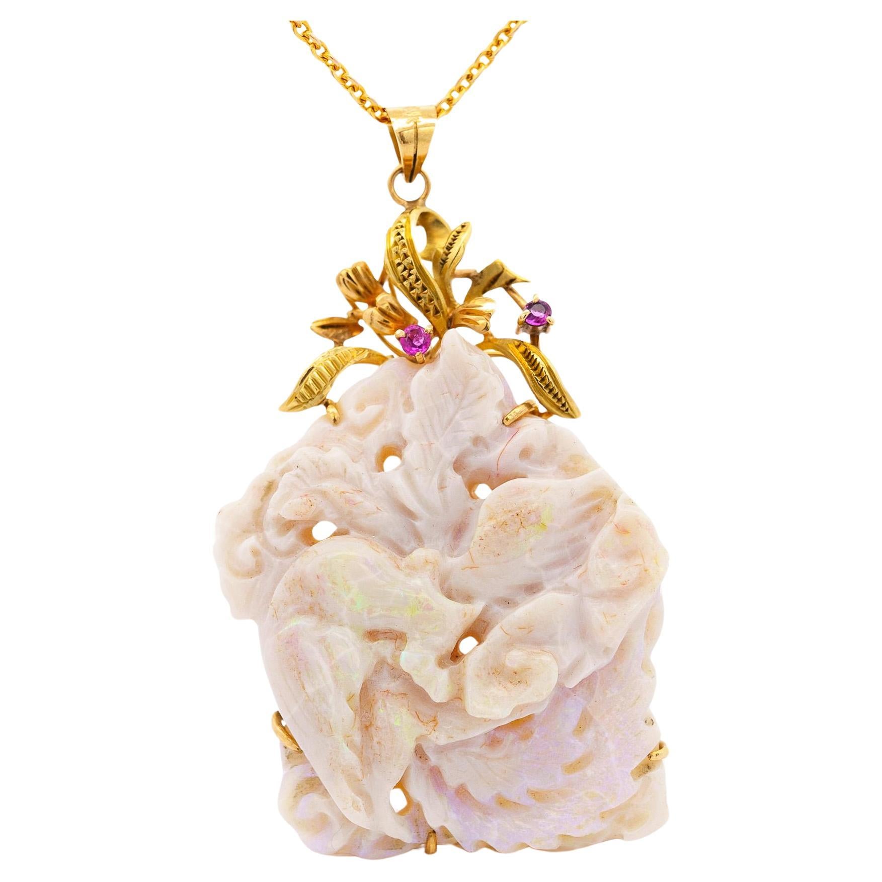 Vintage 40 Carat Natural Carved Opal in 14K Gold Floral Pendant Necklace 30" For Sale