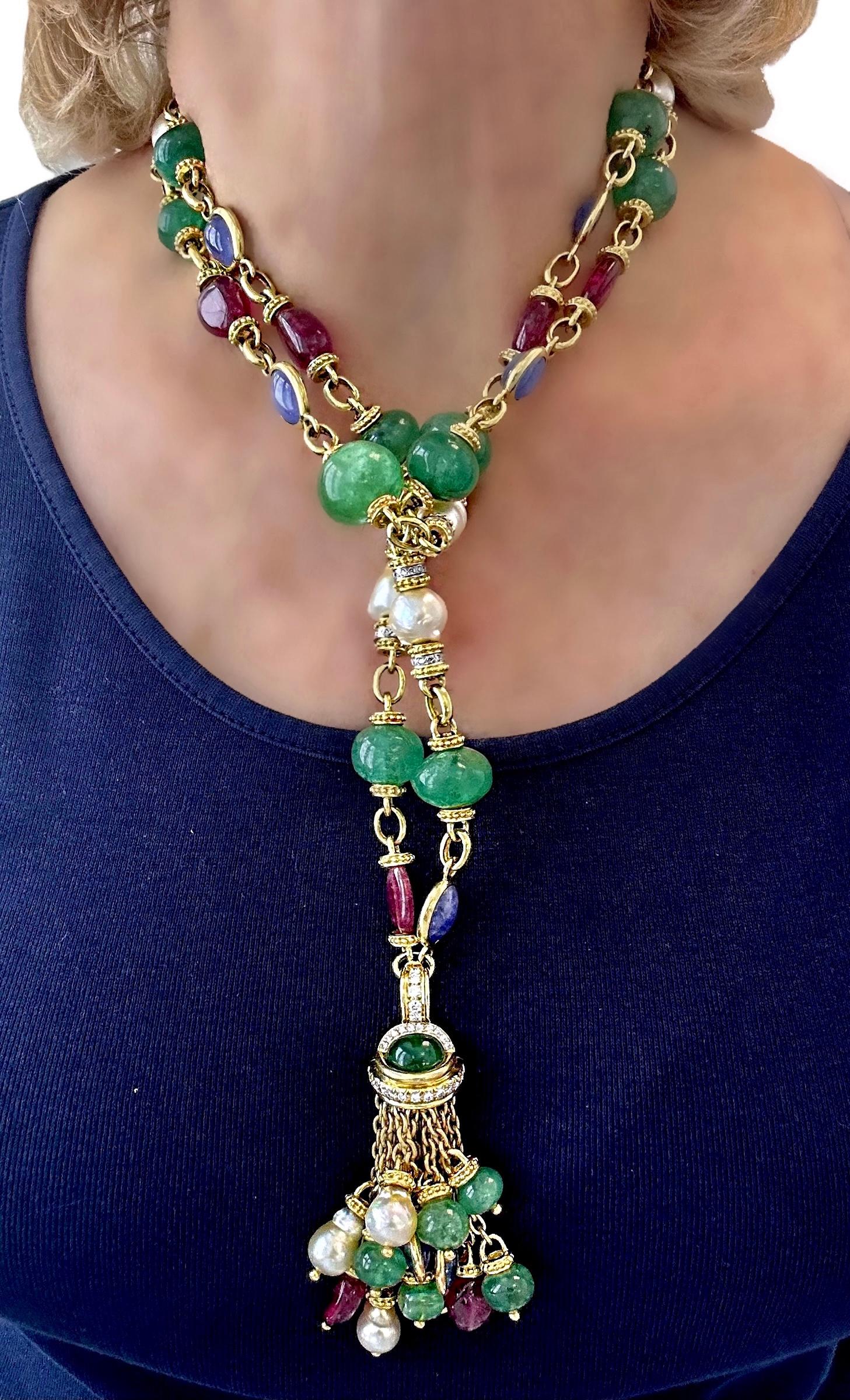 Tambetti Collier vintage de 40 pouces de long en or, diamants et pierres multicolores en vente 7