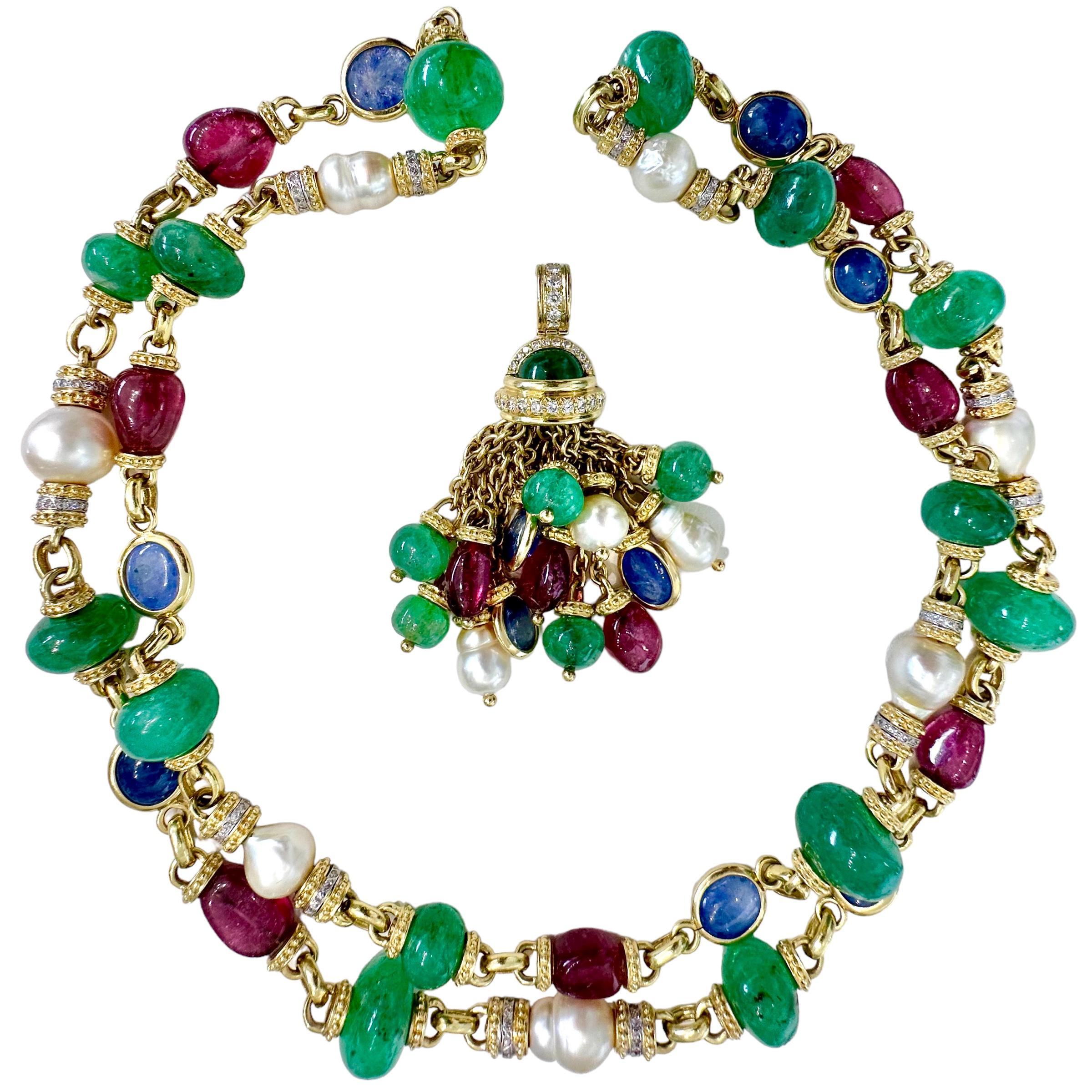 Modern Vintage 40 Inch Long Gold, Diamond & Multicolor Stone Necklace by Tambetti For Sale