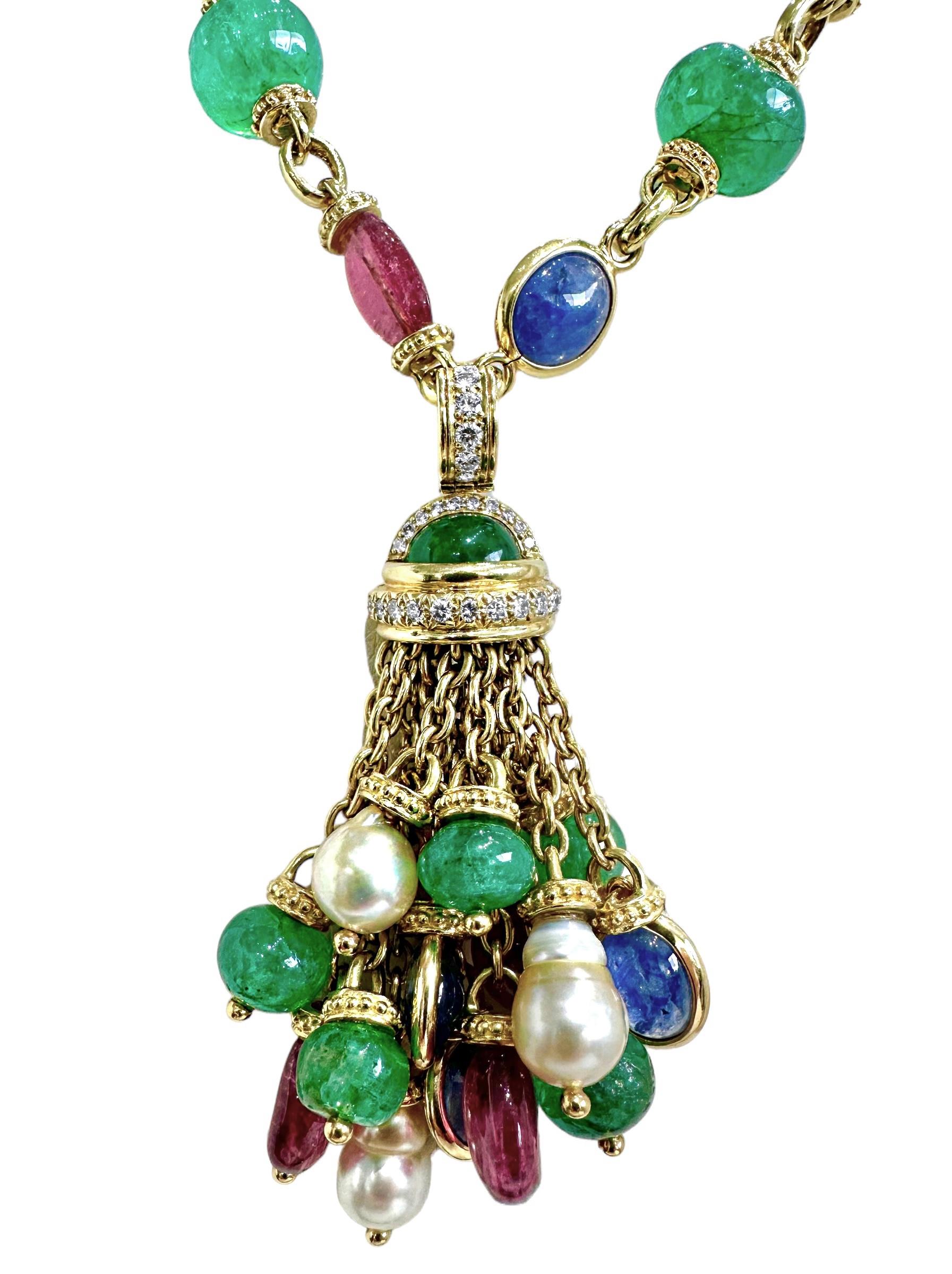 Perle Tambetti Collier vintage de 40 pouces de long en or, diamants et pierres multicolores en vente