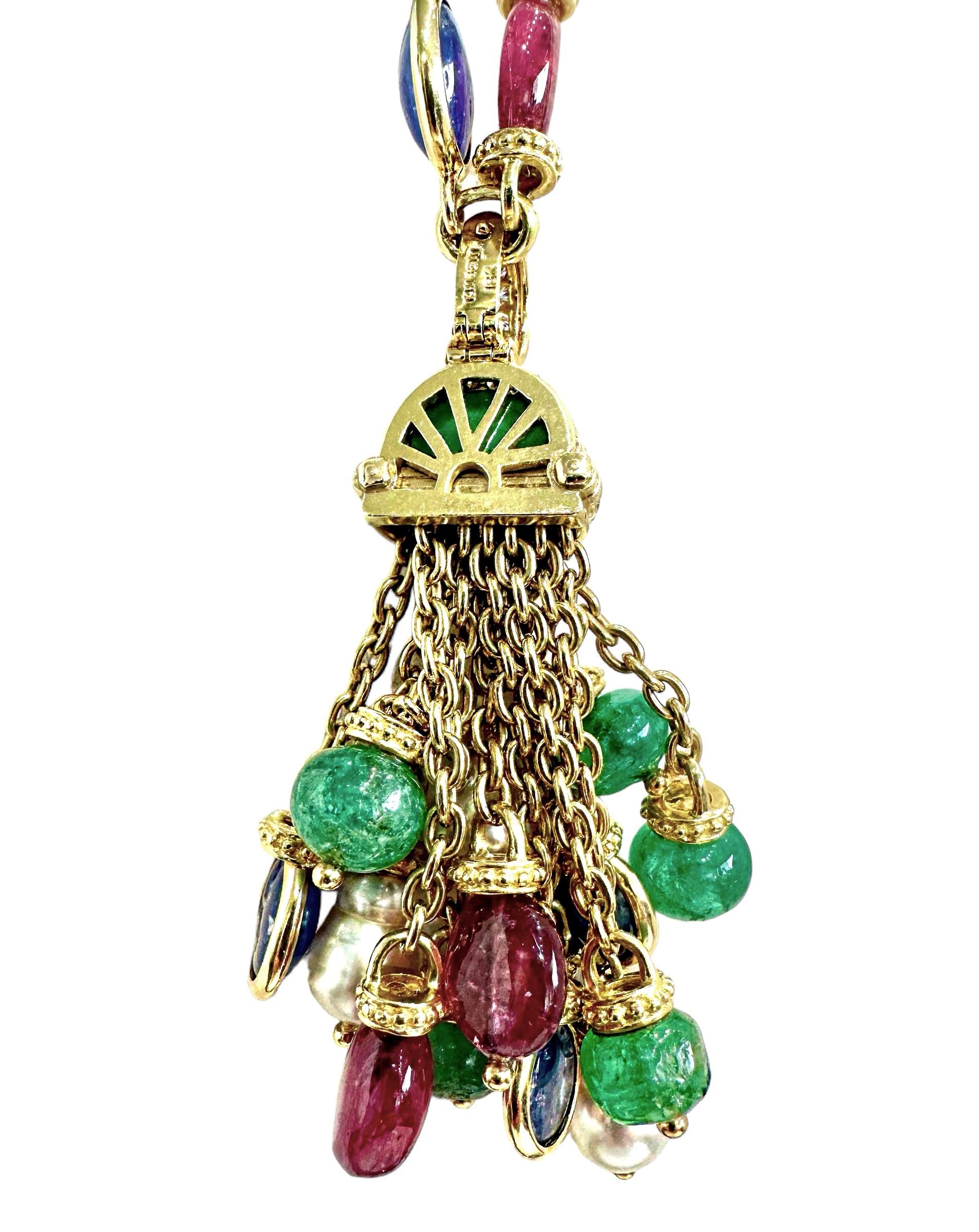 Tambetti Collier vintage de 40 pouces de long en or, diamants et pierres multicolores Bon état - En vente à Palm Beach, FL