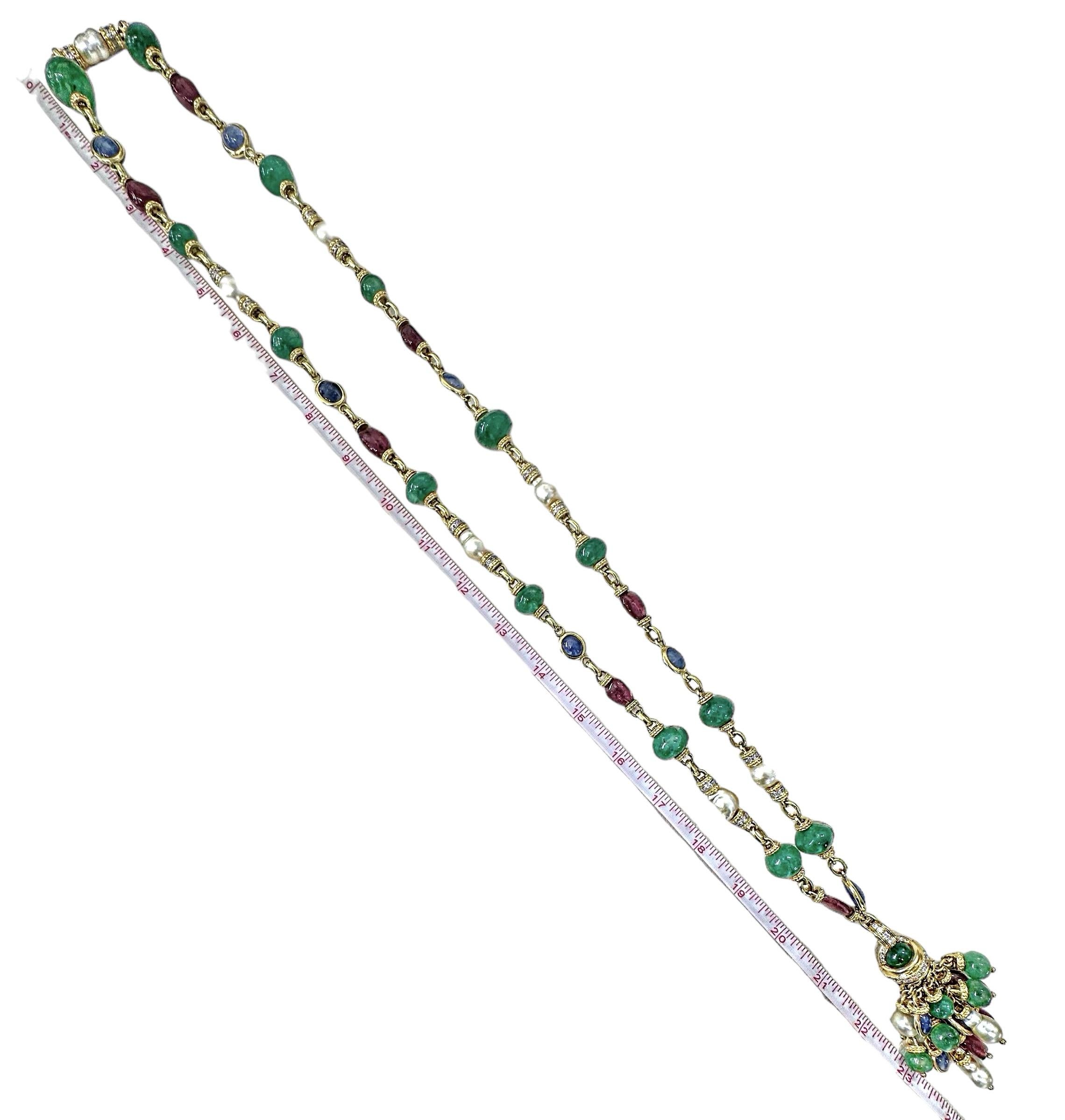 Vintage 40 Inch Long Gold, Diamond & Multicolor Stone Necklace by Tambetti For Sale 3