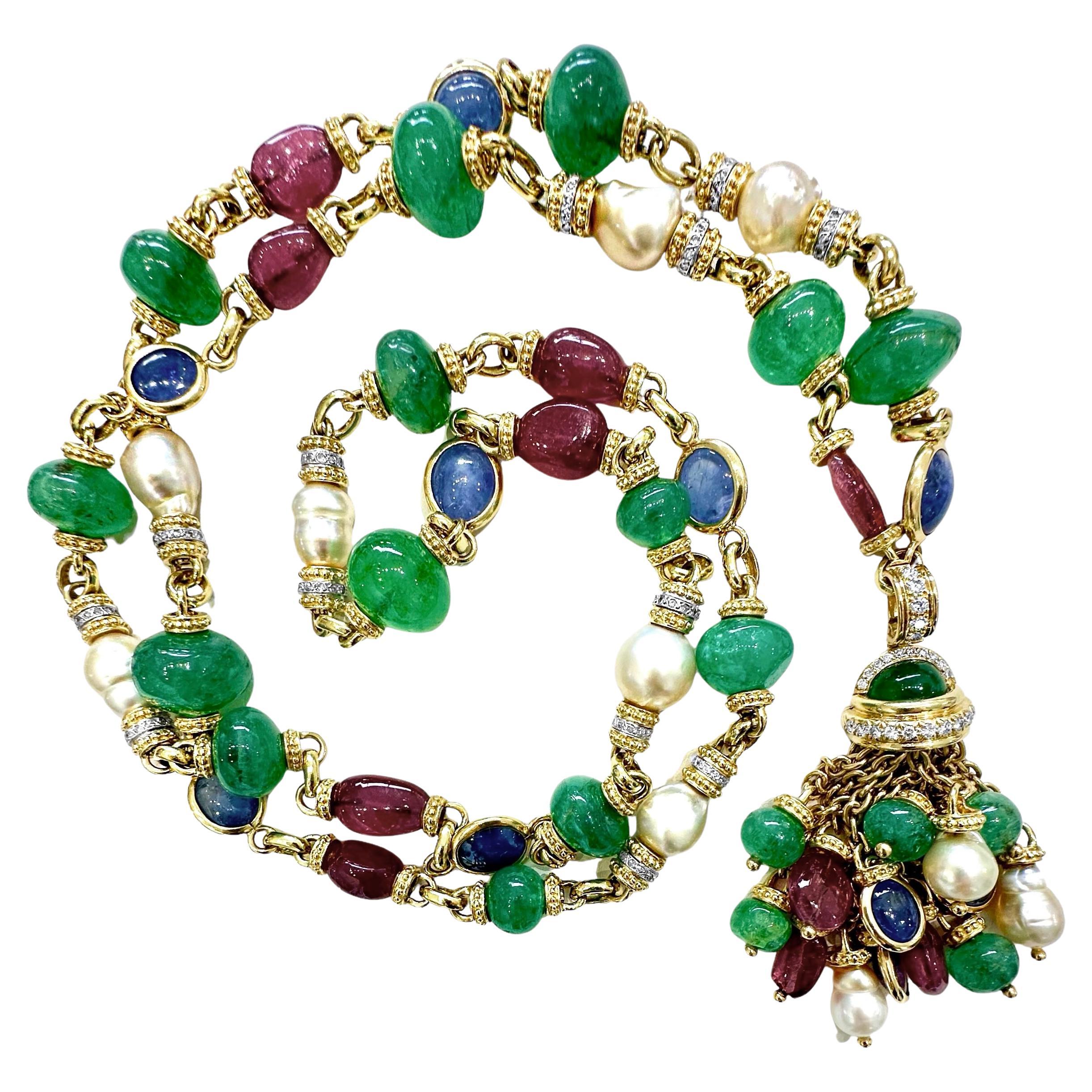 Vintage 40 Inch Long Gold, Diamond & Multicolor Stone Necklace by Tambetti