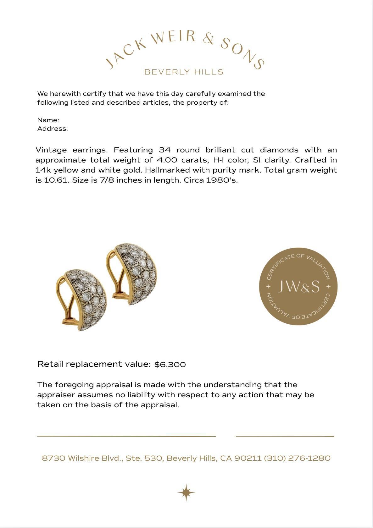 Brilliant Cut Vintage 4.00 carat diamond 14k yellow and white gold earrings For Sale