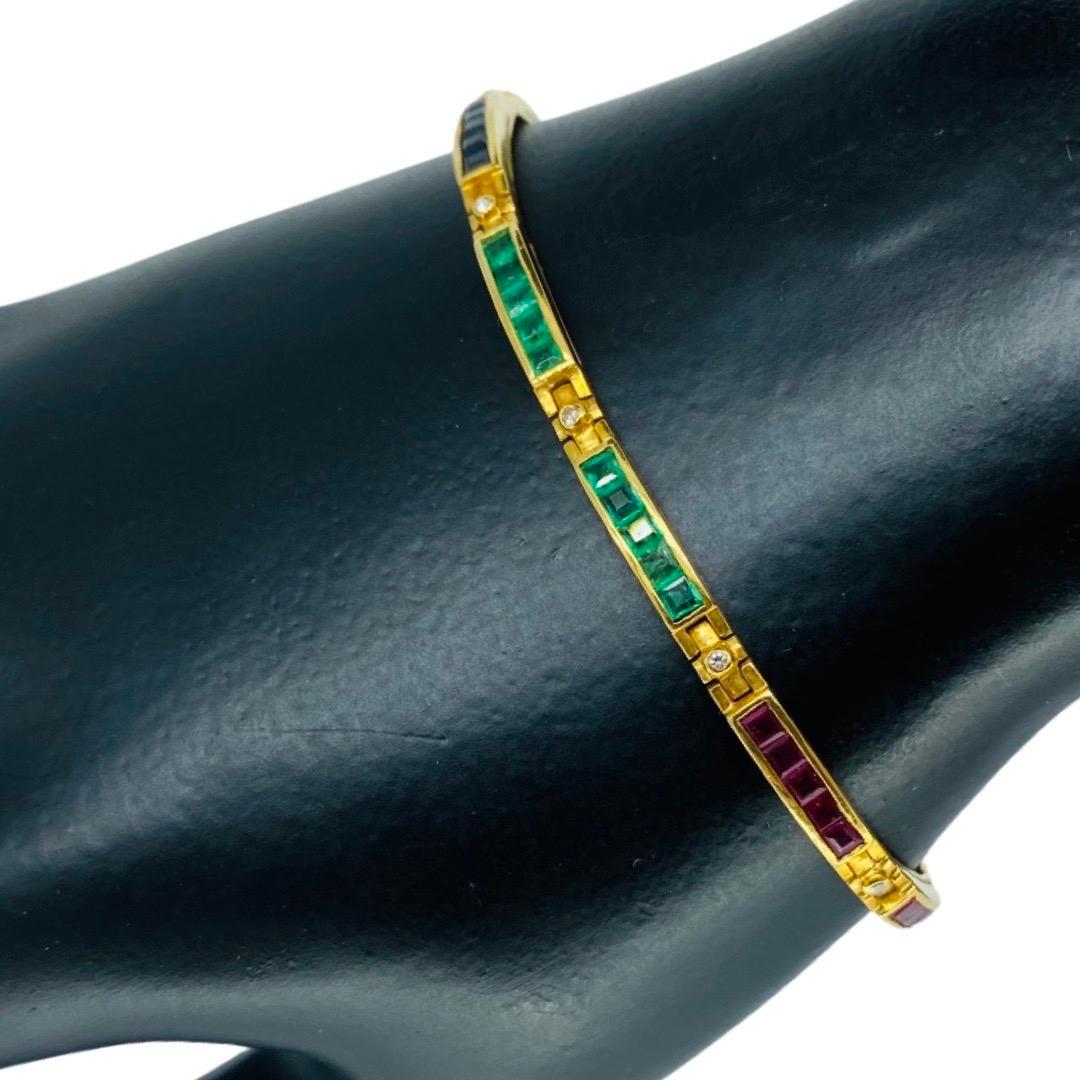 Vintage 4.00 Carat Emerald, Ruby, Blue Sapphire and Diamonds Tennis Bracelet 18k For Sale 6