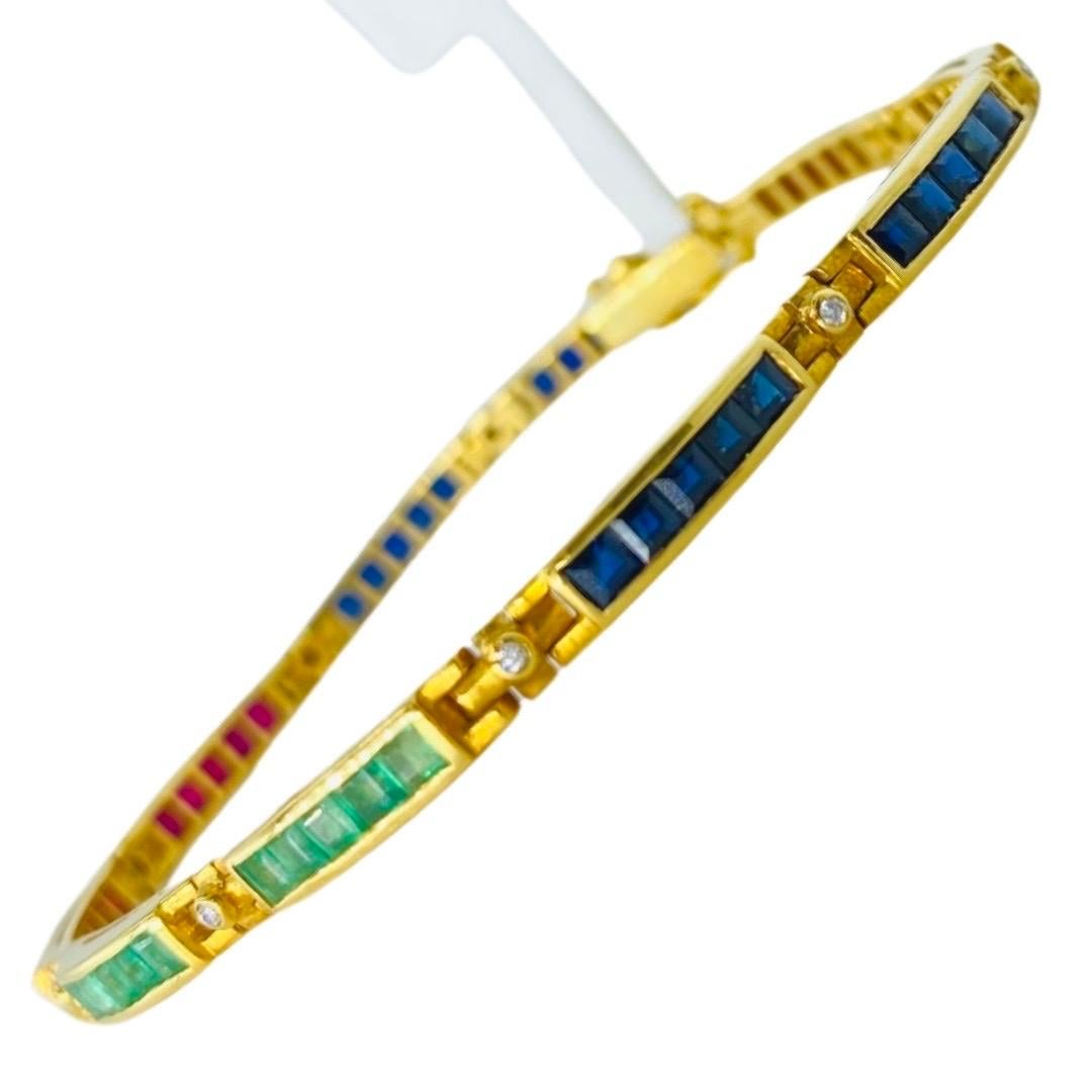 High End Quality Designer Vintage Emerald, Ruby, Blue Sapphire and Diamonds Tennis Multi Gem Bracelet made in 18k solid gold with two closure side clasps. The bracelet features approx 4.00 carat total weight gemstones and diamonds and measures 6.5