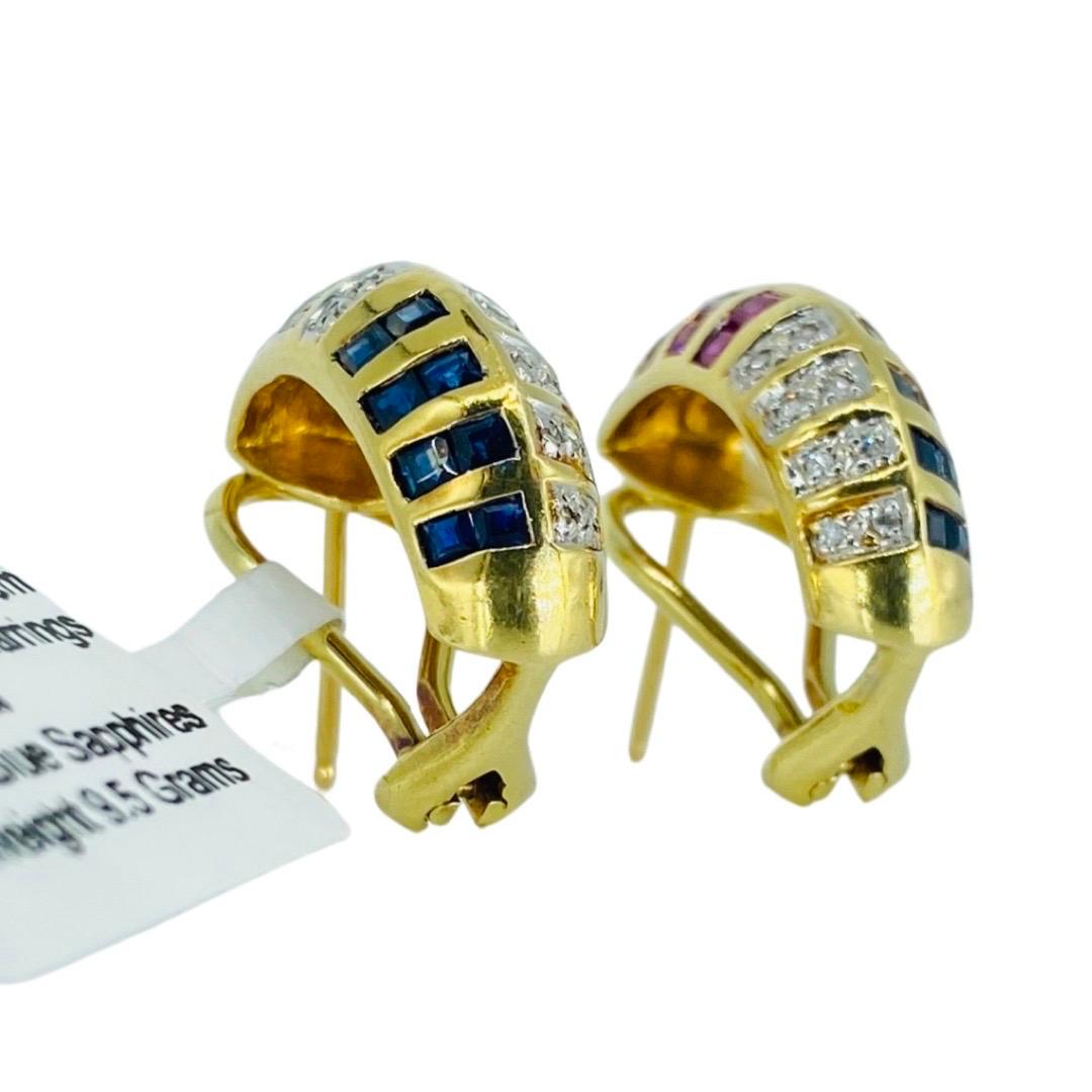 Vintage 4.00 Carat Sapphires, Rubys and Diamonds Omega Clip Earrings 18k Gold For Sale 3
