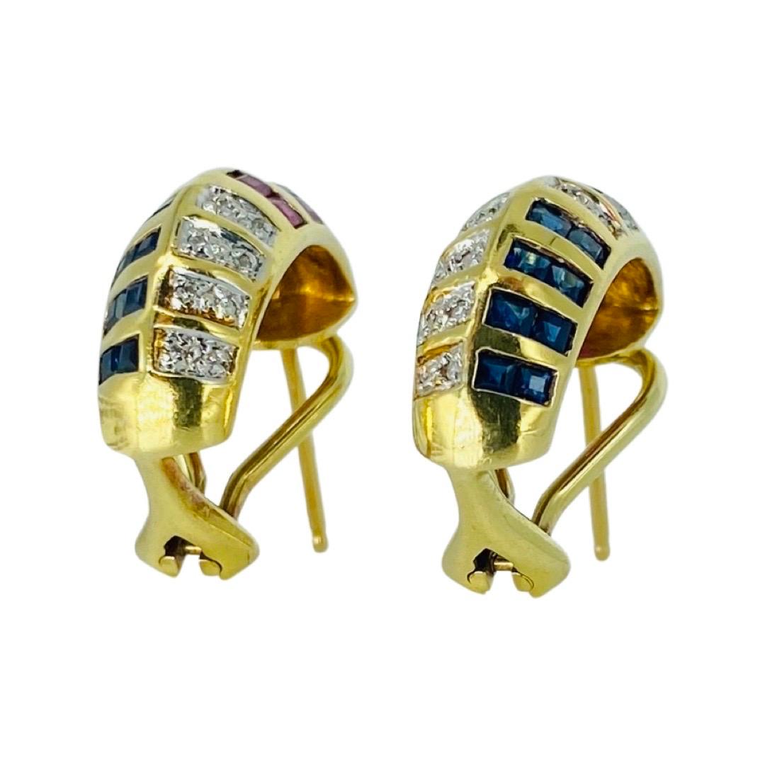 Vintage 4.00 Carat Sapphires, Rubys and Diamonds Omega Clip Earrings 18k Gold For Sale 4