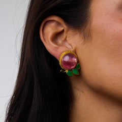 Boucles d'oreilles vintage en jade et tourmaline rose de 40,00 carats, en or jaune 24 carats