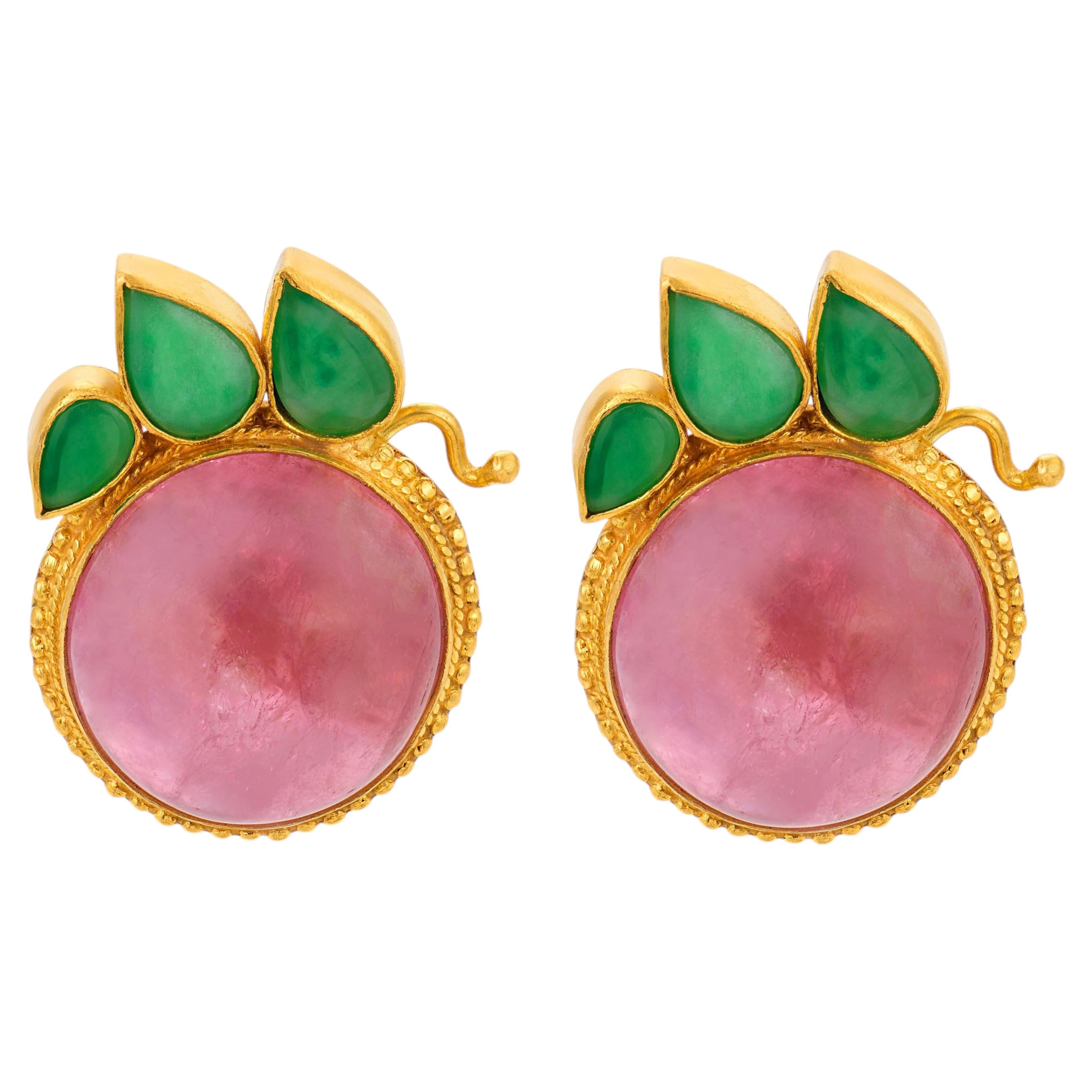 Pendientes vintage de turmalina rosa y jade de 40,00 quilates en oro amarillo de 24k