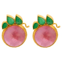Boucles d'oreilles vintage en jade et tourmaline rose de 40,00 carats, en or jaune 24 carats
