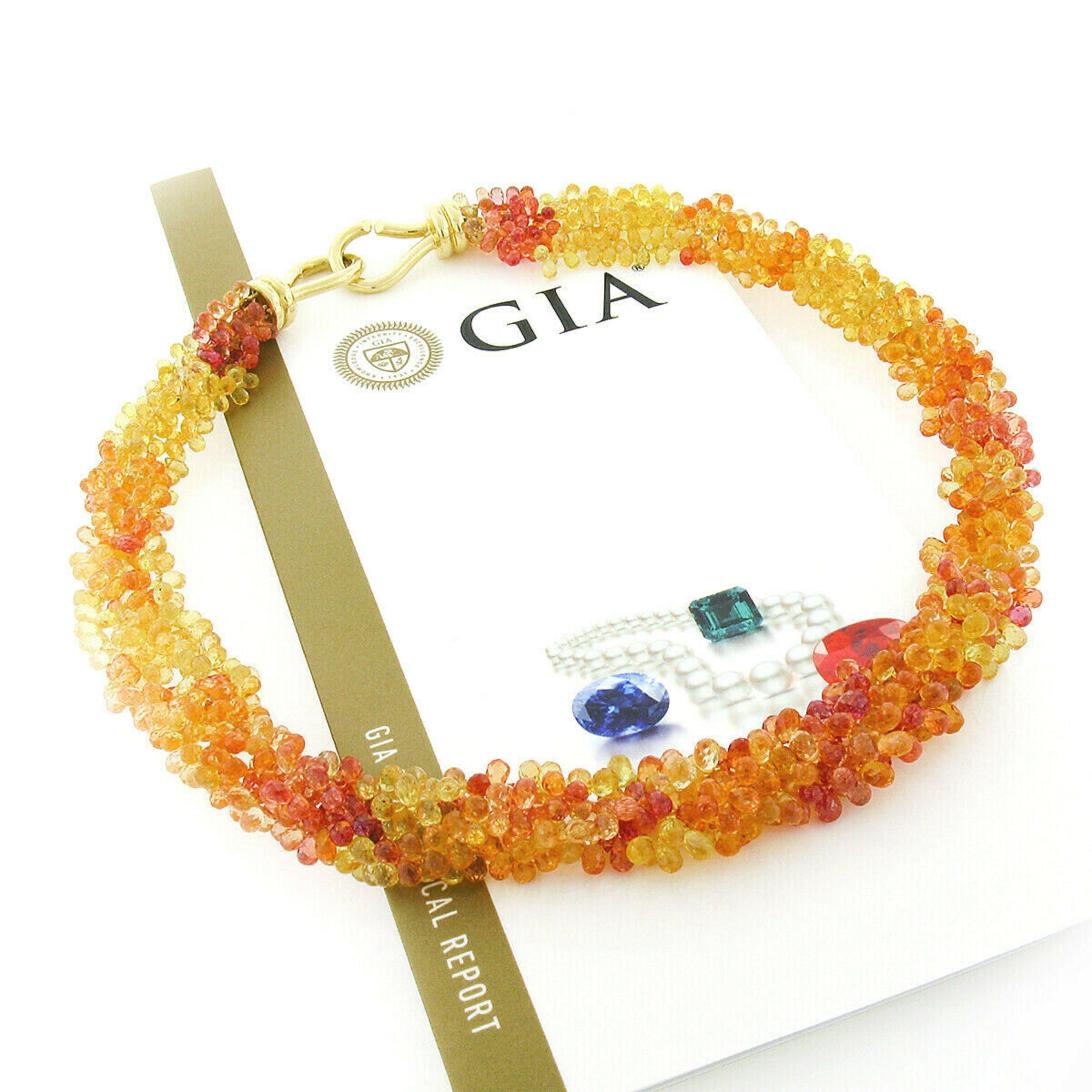 Women's Vintage 400ctw GIA Orange Yellow Briolette Sapphire Necklace w/ 18k Gold Clasp For Sale
